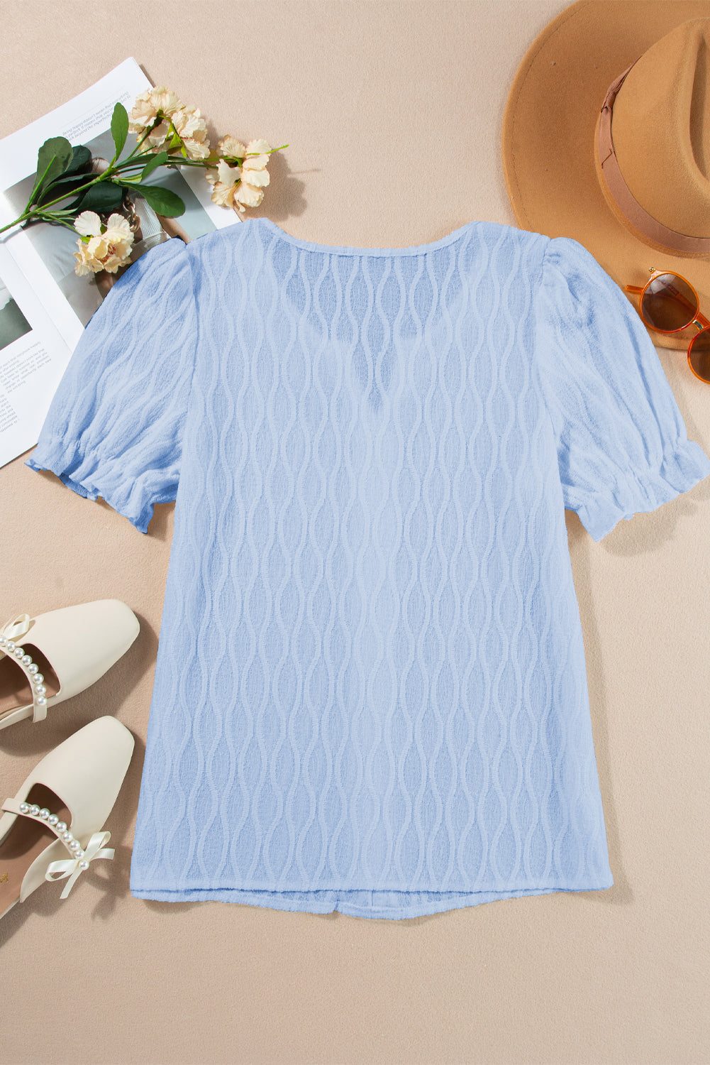Solid Textured Notch Neck Puff Sleeve Blouse