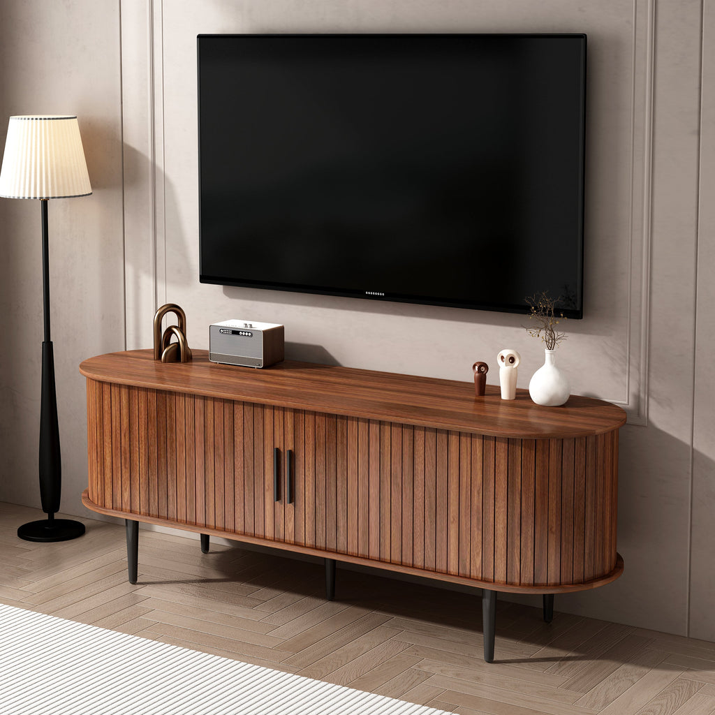 TV Stand, 55' Modern TV Console Table with Storage Compartment and Sliding Door, Gaming Entertainment Center with Cabinet for Living Room, Bedroom, Office (Walnut) BACK-TO-SCHOOL