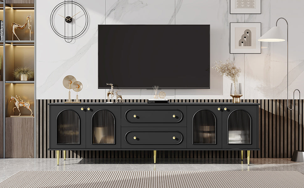 U-Can 78.7'' Modern TV Stand, TV Cabinet with Five Metal Legs and Metal Handles, 2 Drawers and 2 Cabinets with Fluted Glass Doors For Living room, Up to 80'' (Old SKU: SJ000122AAB)