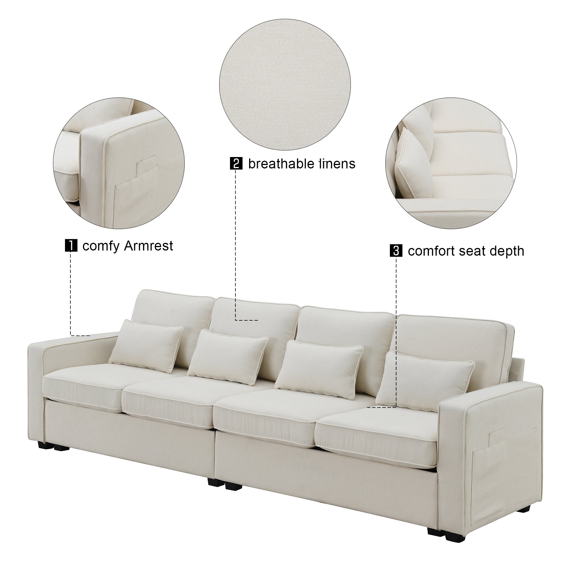 [VIDEO provided] [New] 104' 4-Seater Modern Linen Fabric Sofa with Armrest Pockets and 4 Pillows,Minimalist Style Couch for Living Room, Apartment, Office,3 Colors