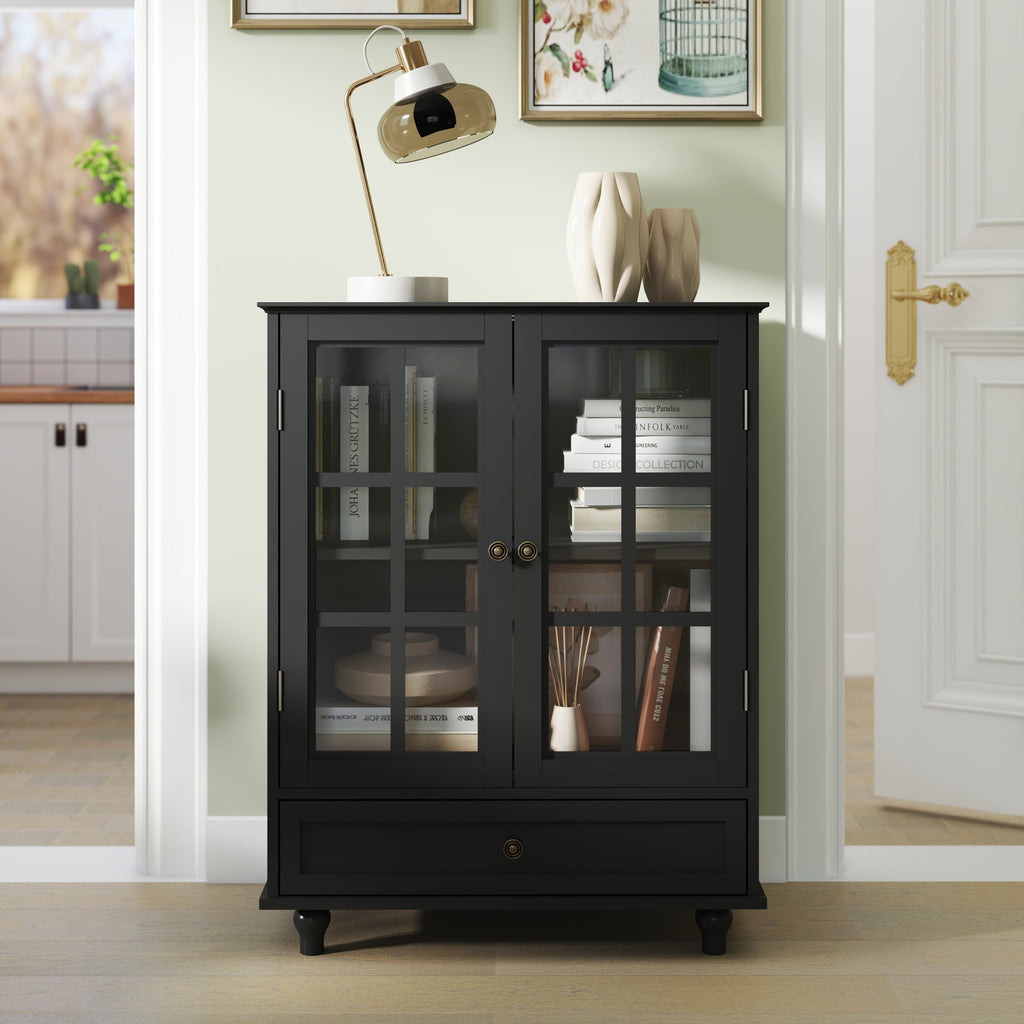 Minimalist Buffet Cabinet with Double Glass Doors and Drawer, Modern Wooden Storage Sideboard in Black