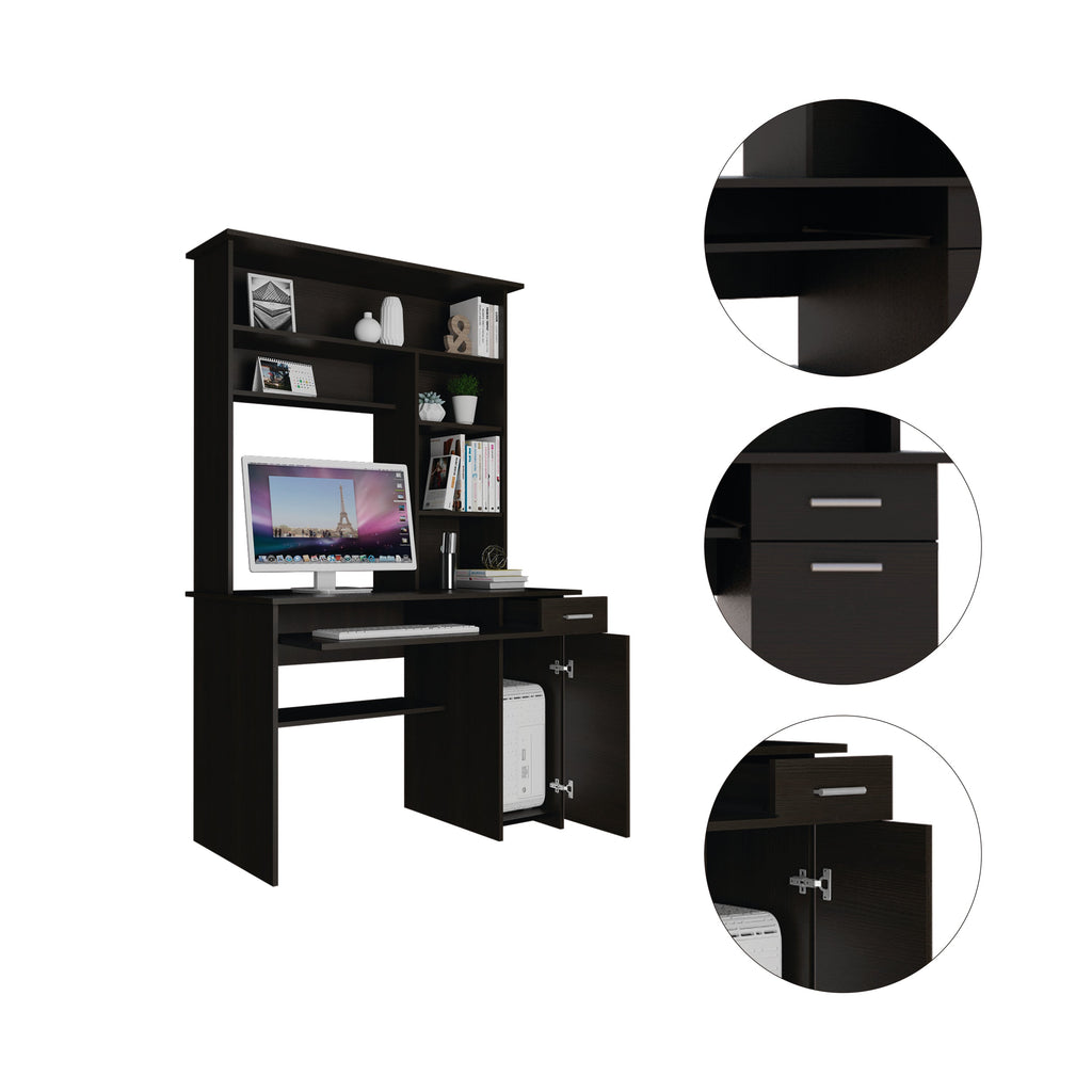 Compu 180 Hutch Desk, Multiple Shelves, Keyboard Tray, CPU anel, One Drawer -Black