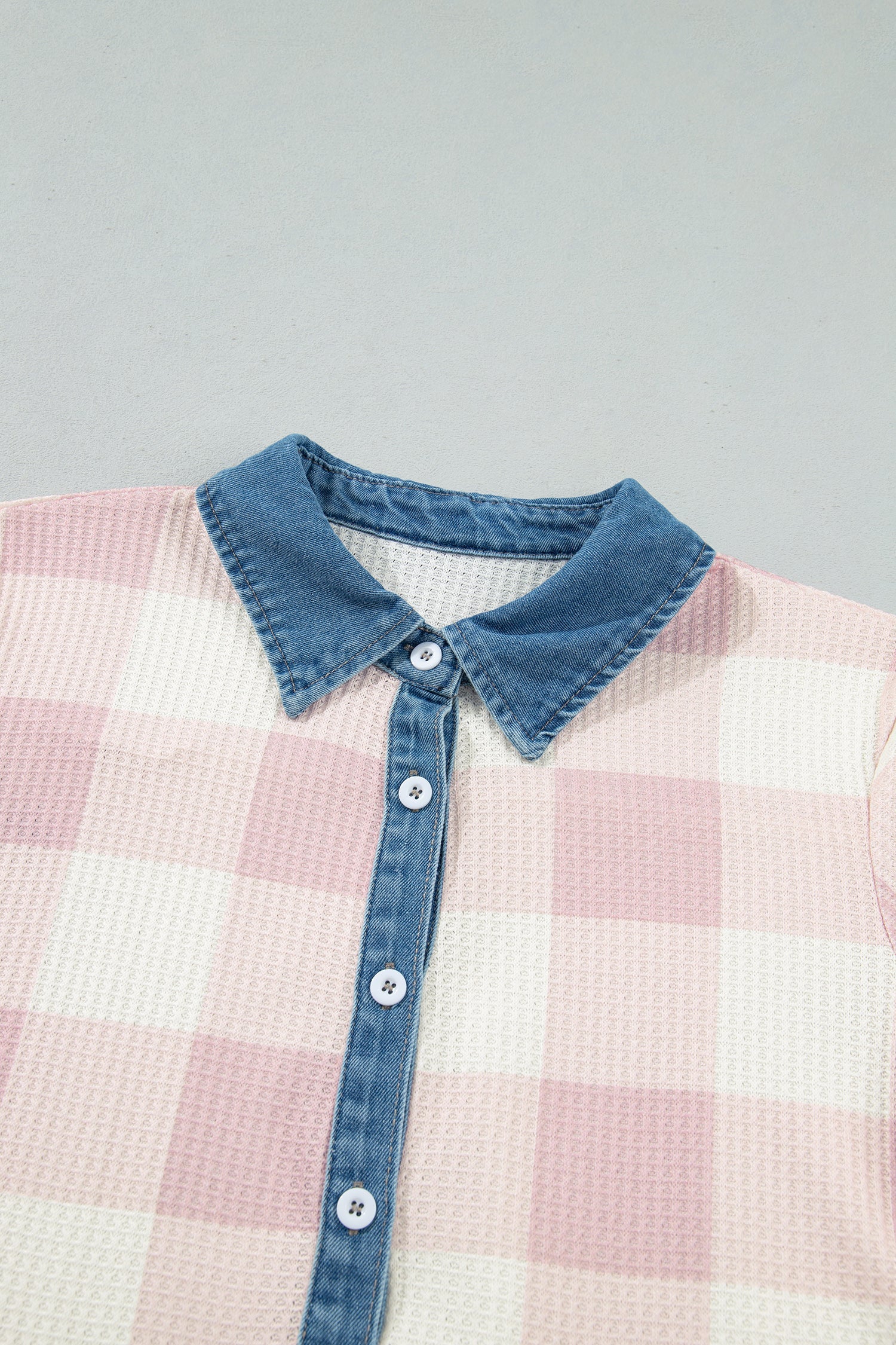 Plaid Contrast Denim Collared T-Shirt Mini Dress