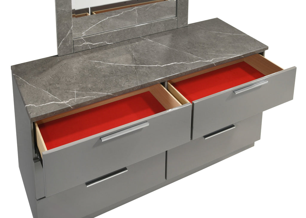 Elara Queen 5-Piece Set – Two-Tone High-Gloss Marble & Lacquer Finish with LED Lighting, Metal-Finished Legs, Spacious Storage- Gray (NJ Inventory)