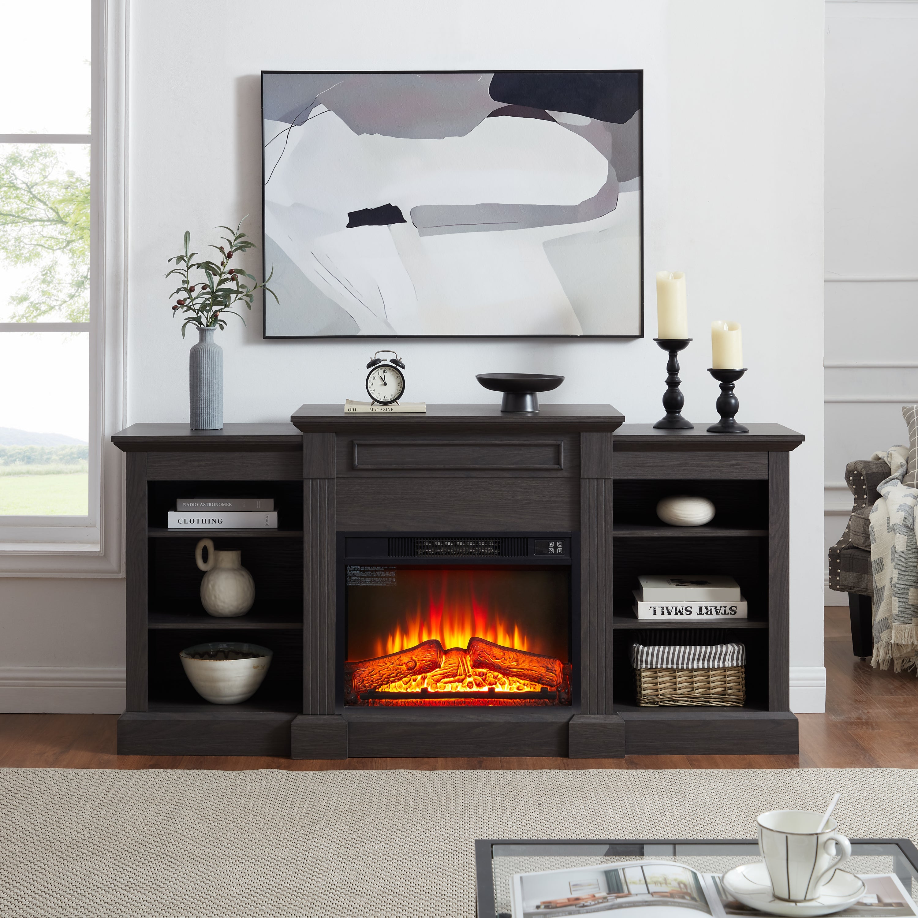 Media Console Table with Large Storage Cabinet,with 23' Fireplace Insert, for TV Up to 70'', Modern TV Media Entertaionment Stand,  Grey