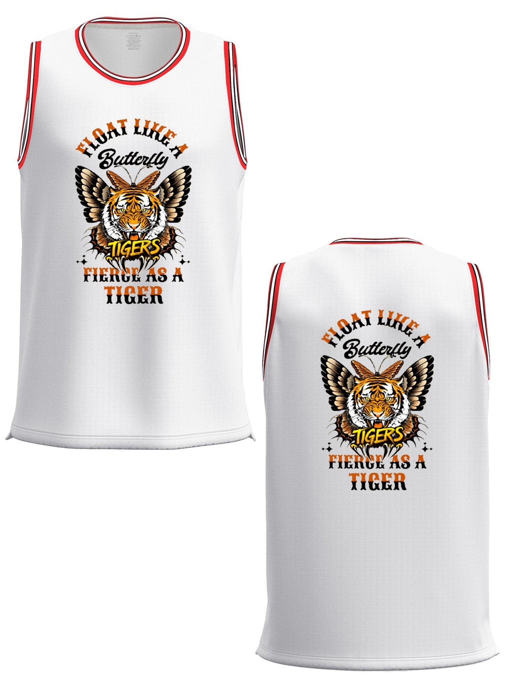 Float Like a Butterfly Fierce as a Tiger Adult White with Red Trim Basketball Jersey | Ships From USA