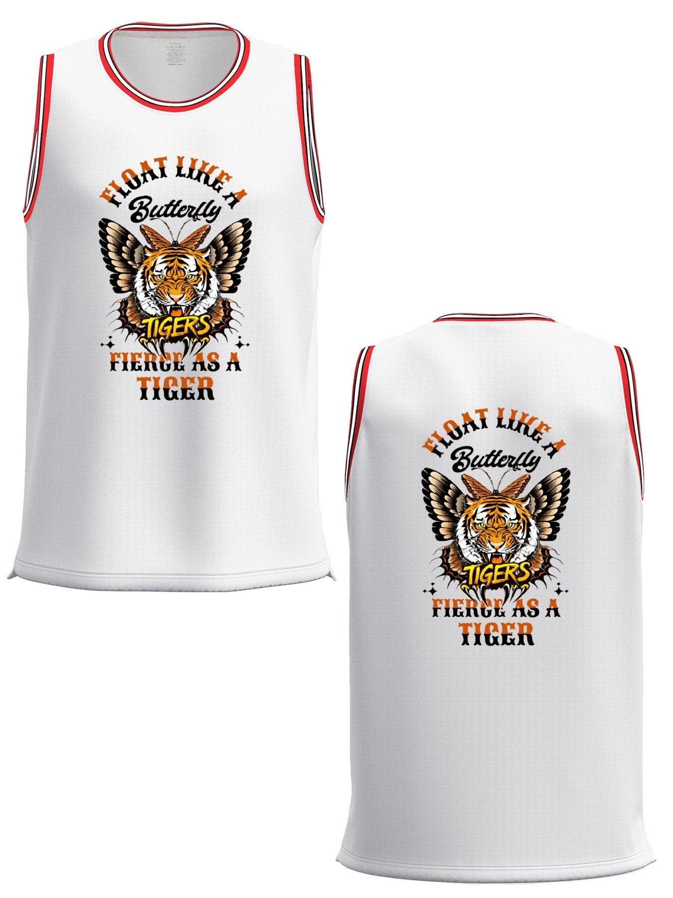 Float Like a Butterfly Fierce as a Tiger Adult White with Red Trim Basketball Jersey | Ships From USA