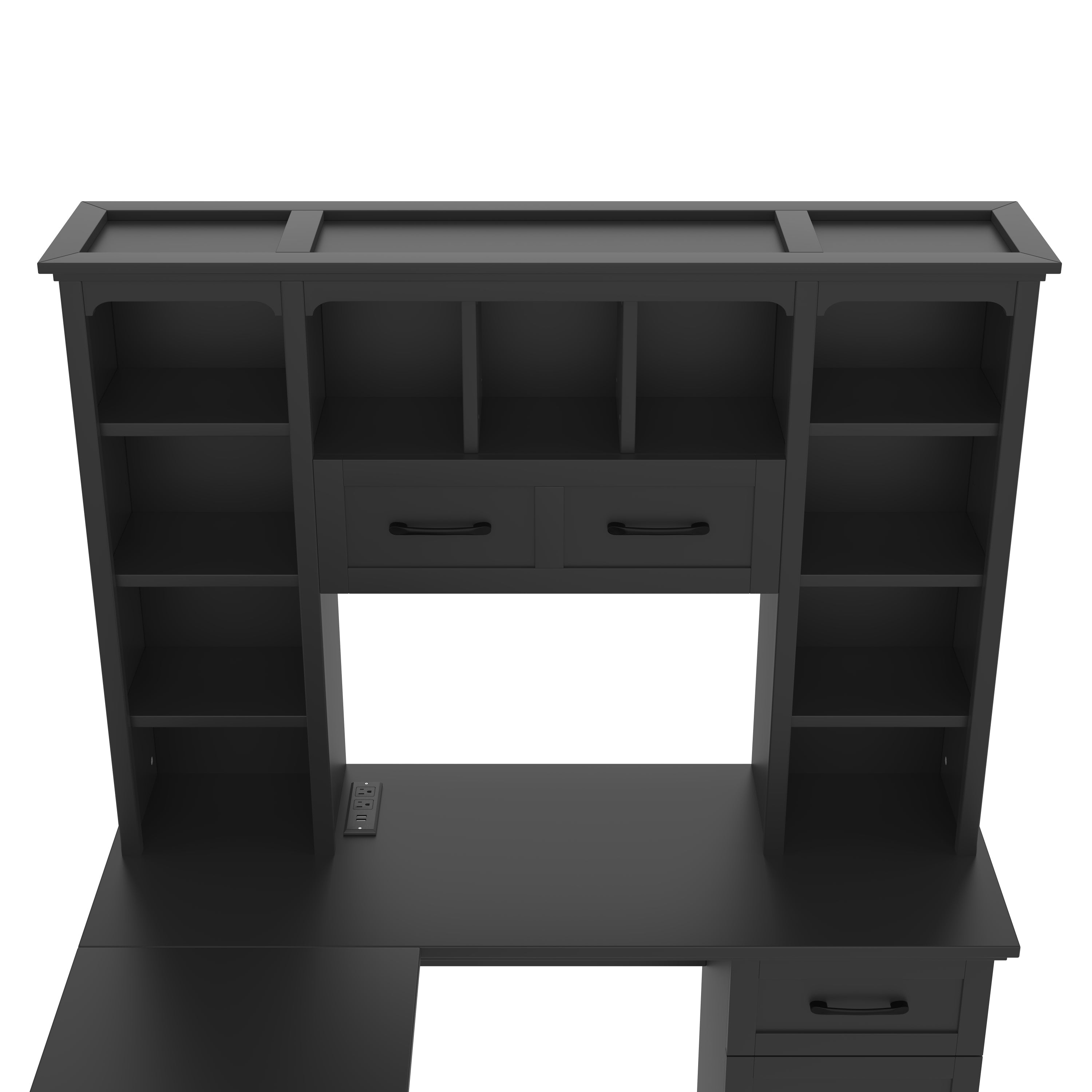 L-shaped computer desk with 2 cabinets and 2 drawers underneath the table, 11 open shelves and a flip-up shelf with storage on the right side, suitable for study, living room and office, Black