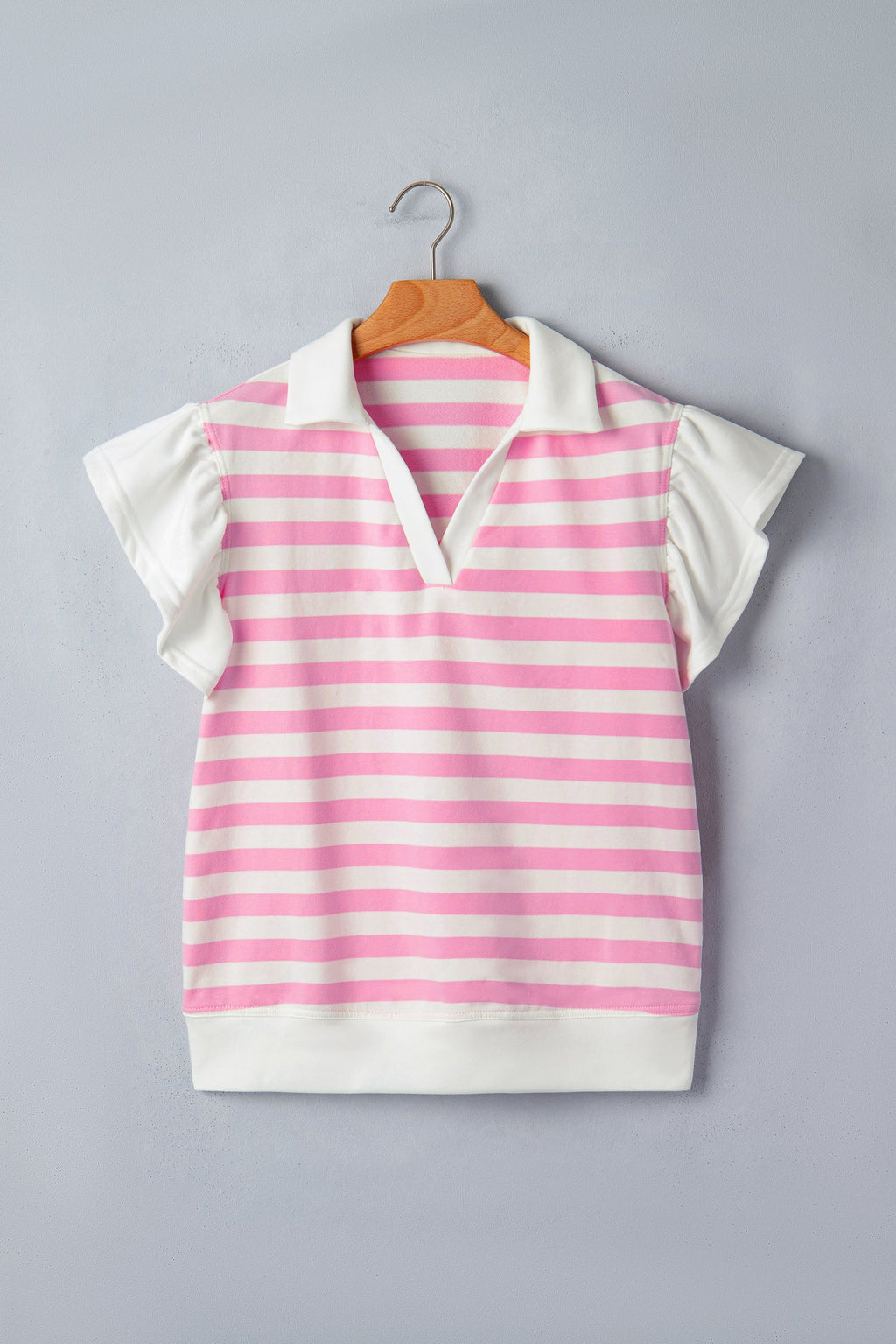 Stripe Collar V-Neck Ruffle Short Sleeve Blouse