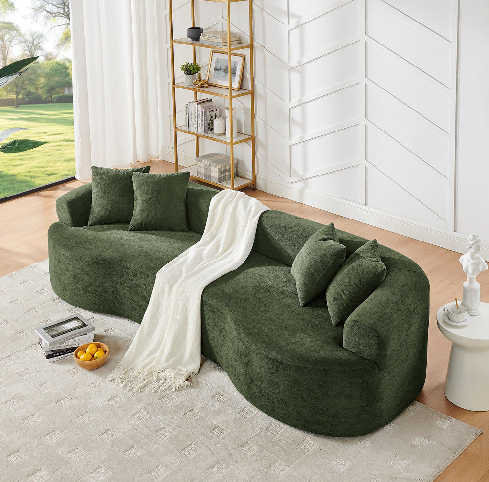 Modern Cloud 4-Seater Sectional Curved Sofa, Minimalist Compression Living Room Couch, No Assembly Needed, Chenille, Green