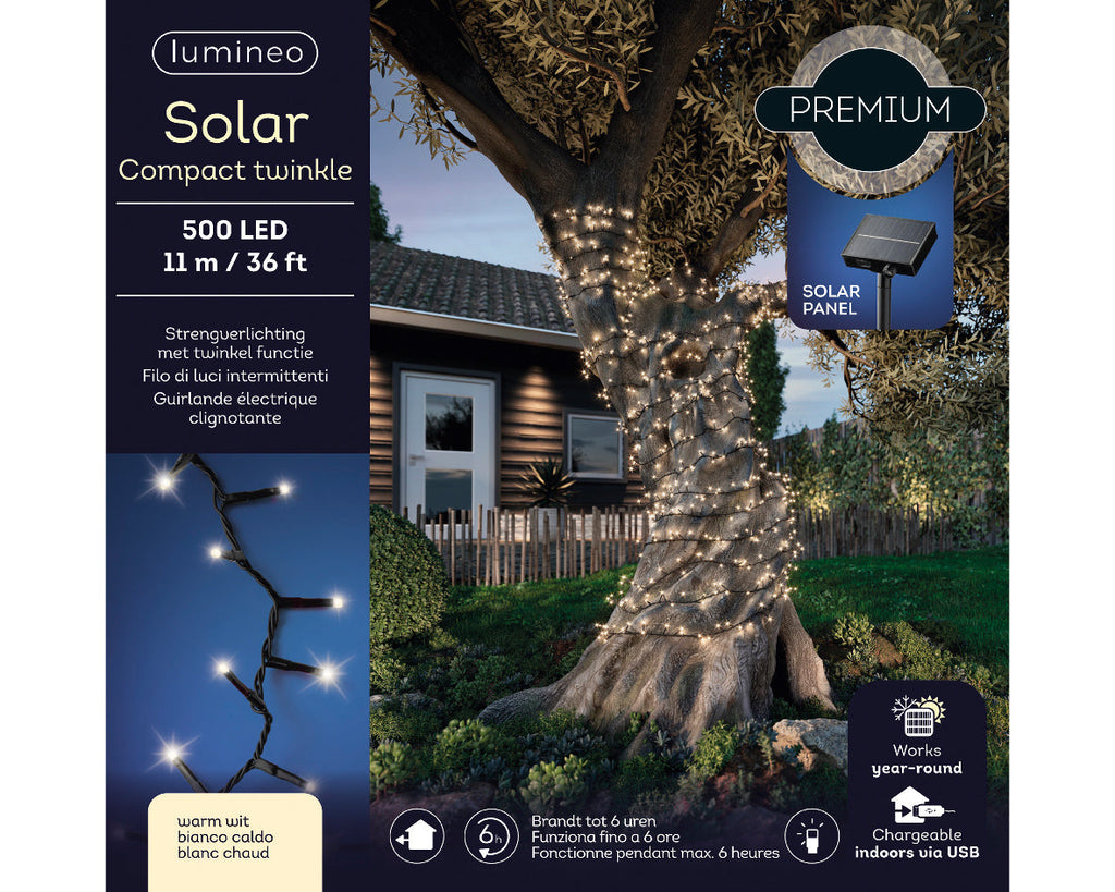 Solar String Lights - 500 LED - 8 function Twinkle - Warm White - 36 Feet Long