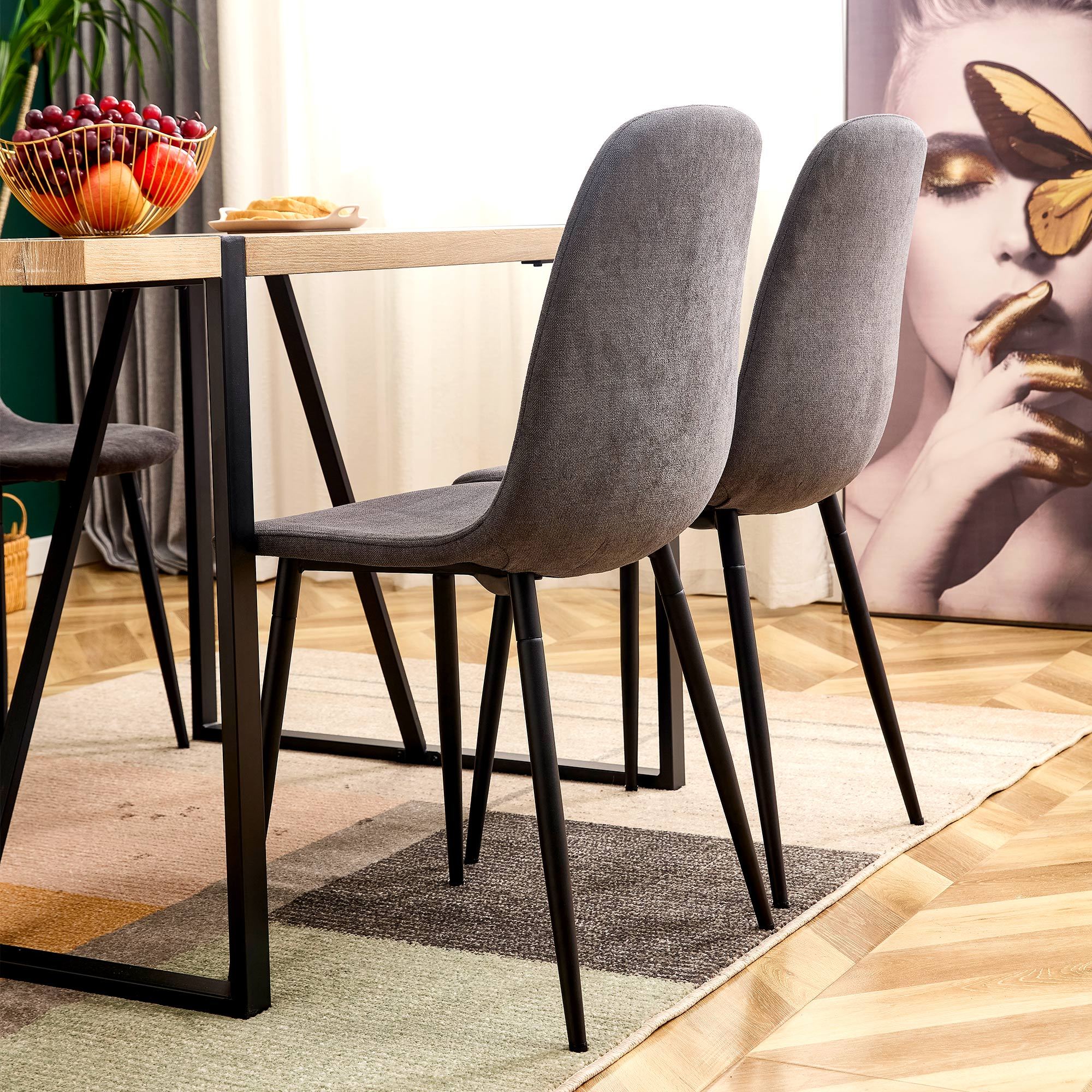 A set of 4 modern medieval style restaurant cushioned side chairs, equipped with soft cushions and black metal legs, suitable for kitchens, lounges, and farmhouses. B0501A