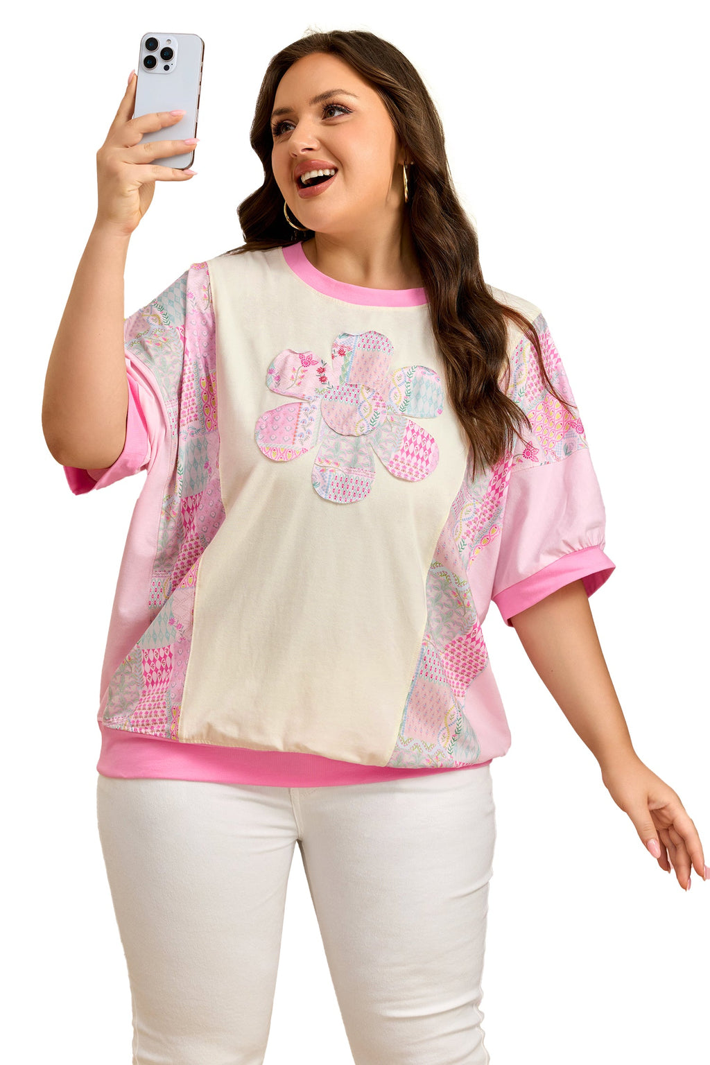 Plus Size Floral Patchwork Embroidered T-Shirt