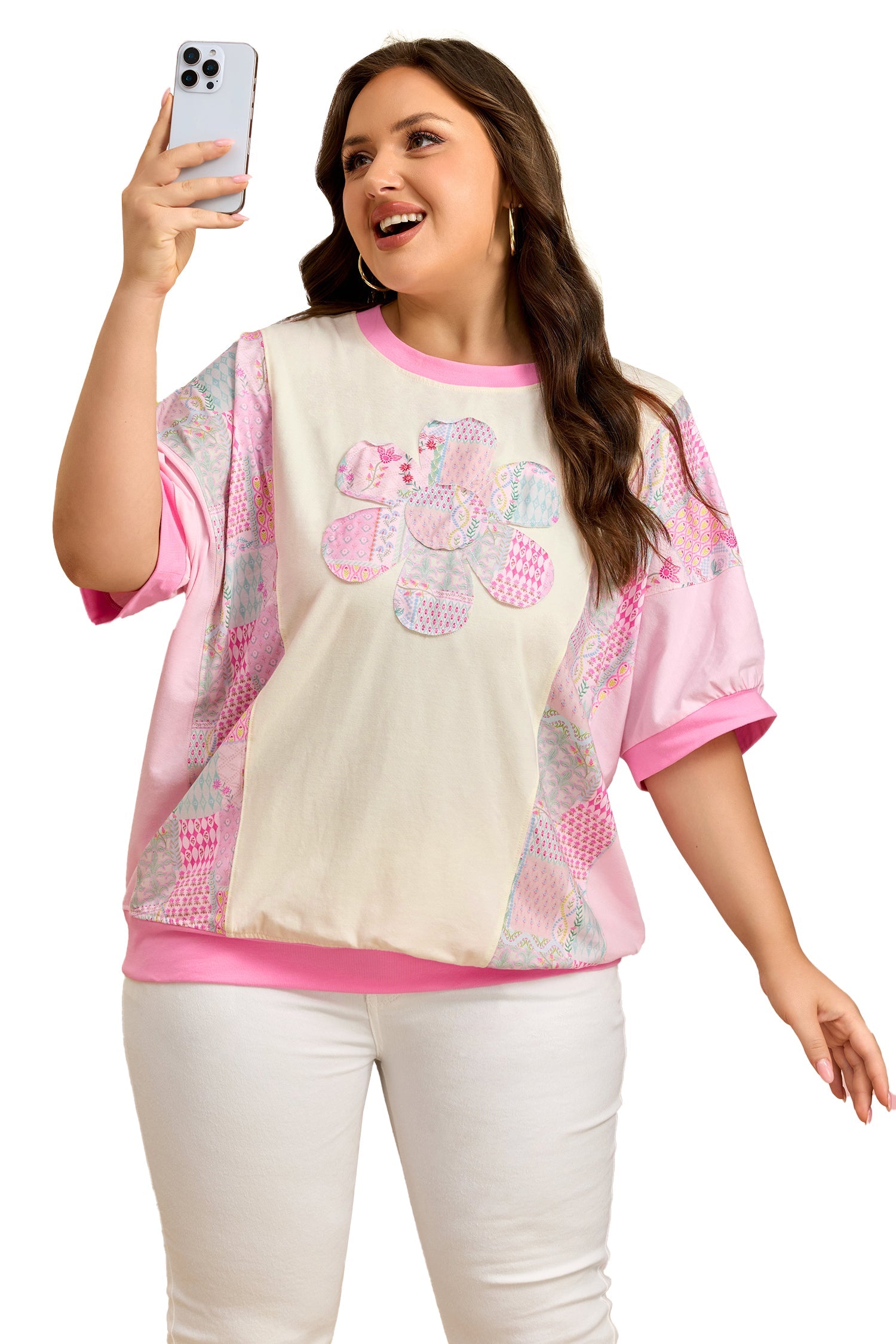 Plus Size Floral Patchwork Embroidered T-Shirt