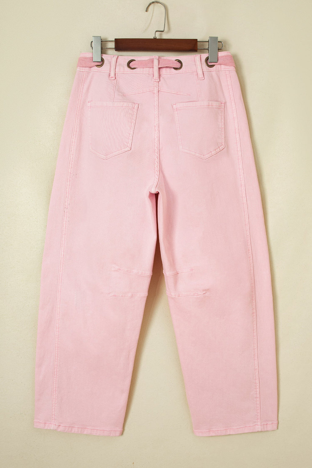 Solid Denim Grommet Tie Waist Barrel Leg Jeans