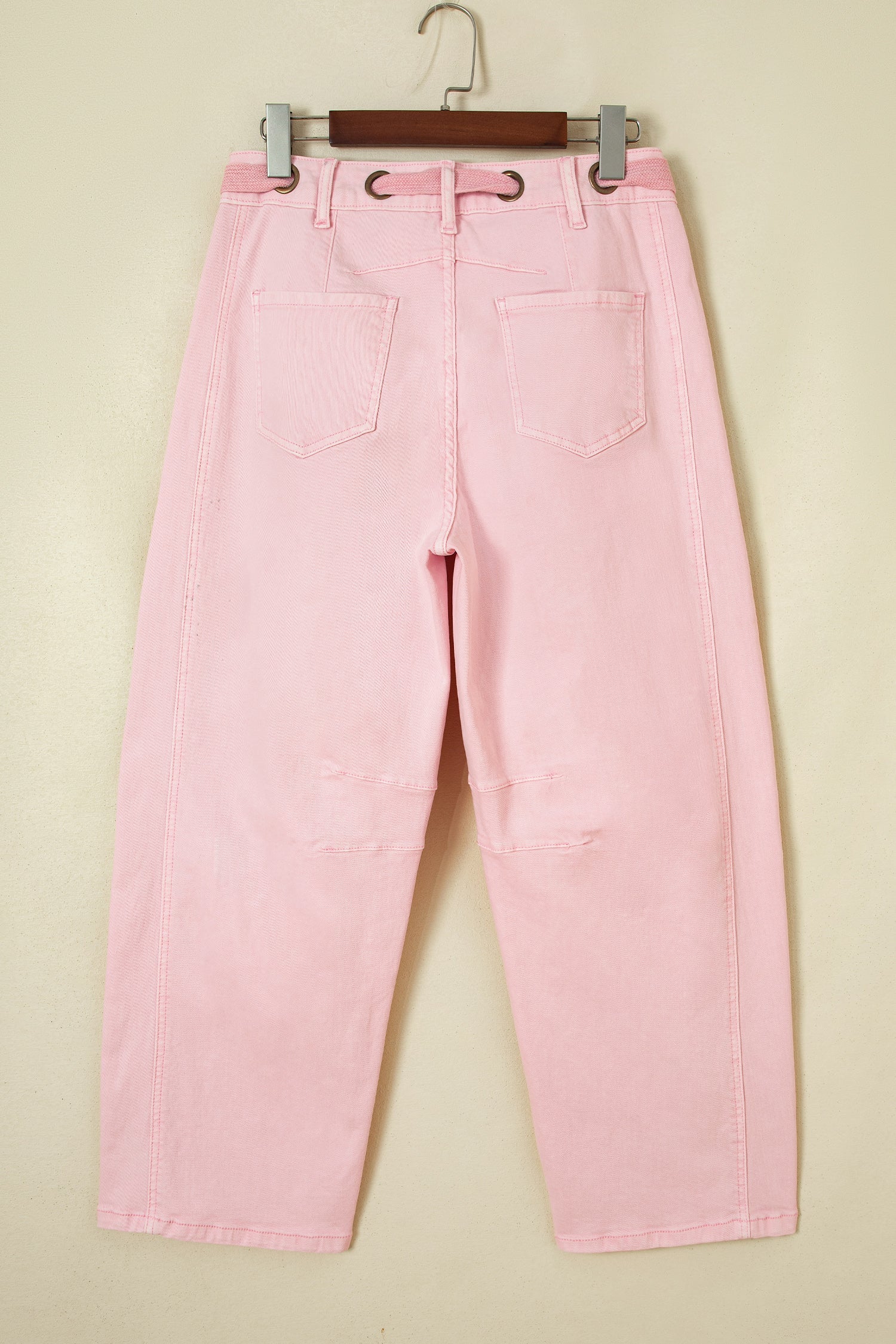 Solid Denim Grommet Tie Waist Barrel Leg Jeans