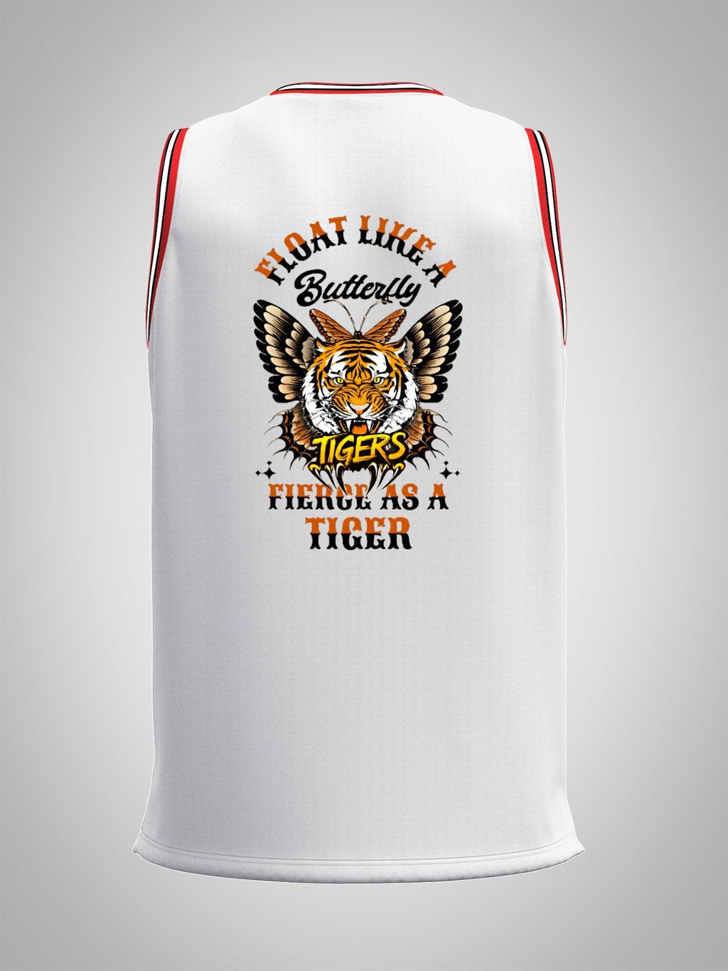 Float Like a Butterfly Fierce as a Tiger Adult White with Red Trim Basketball Jersey | Ships From USA
