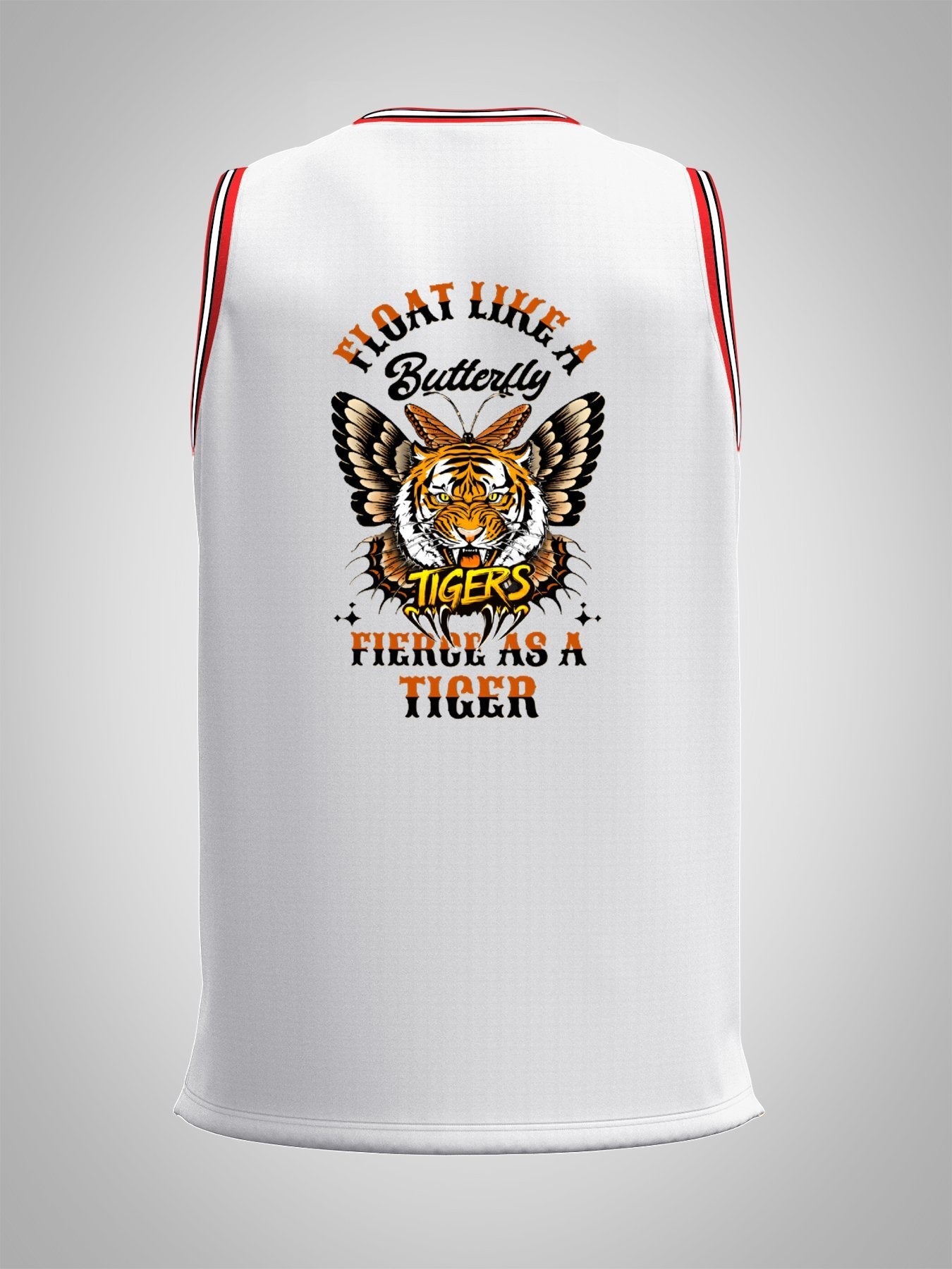 Float Like a Butterfly Fierce as a Tiger Adult White with Red Trim Basketball Jersey | Ships From USA