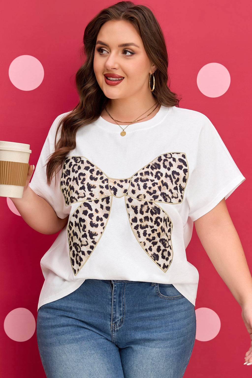 Plus Size Leopard Bow Embroidered Patch T-Shirt