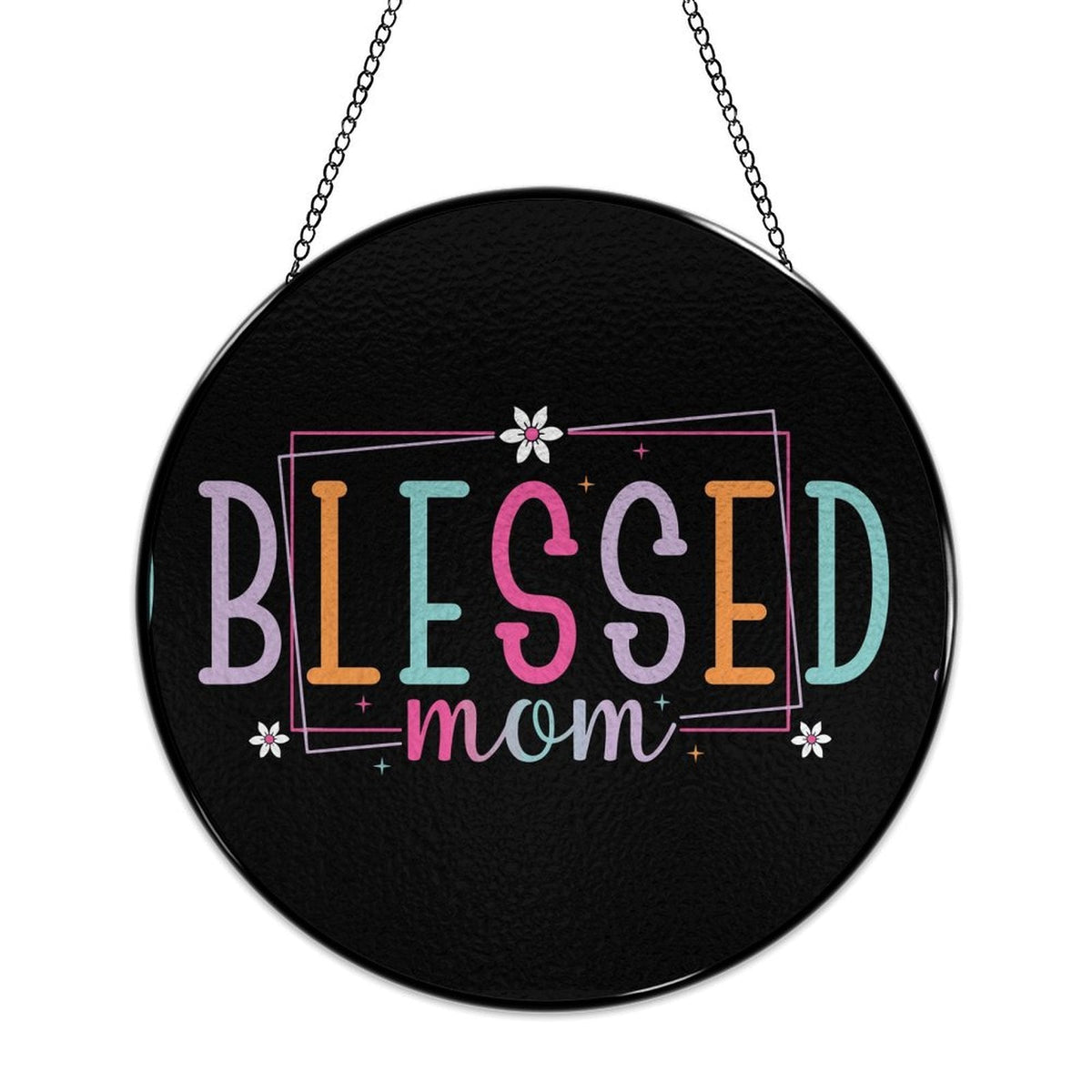 Blessed Mom Black Glass Suncatcher with Chain