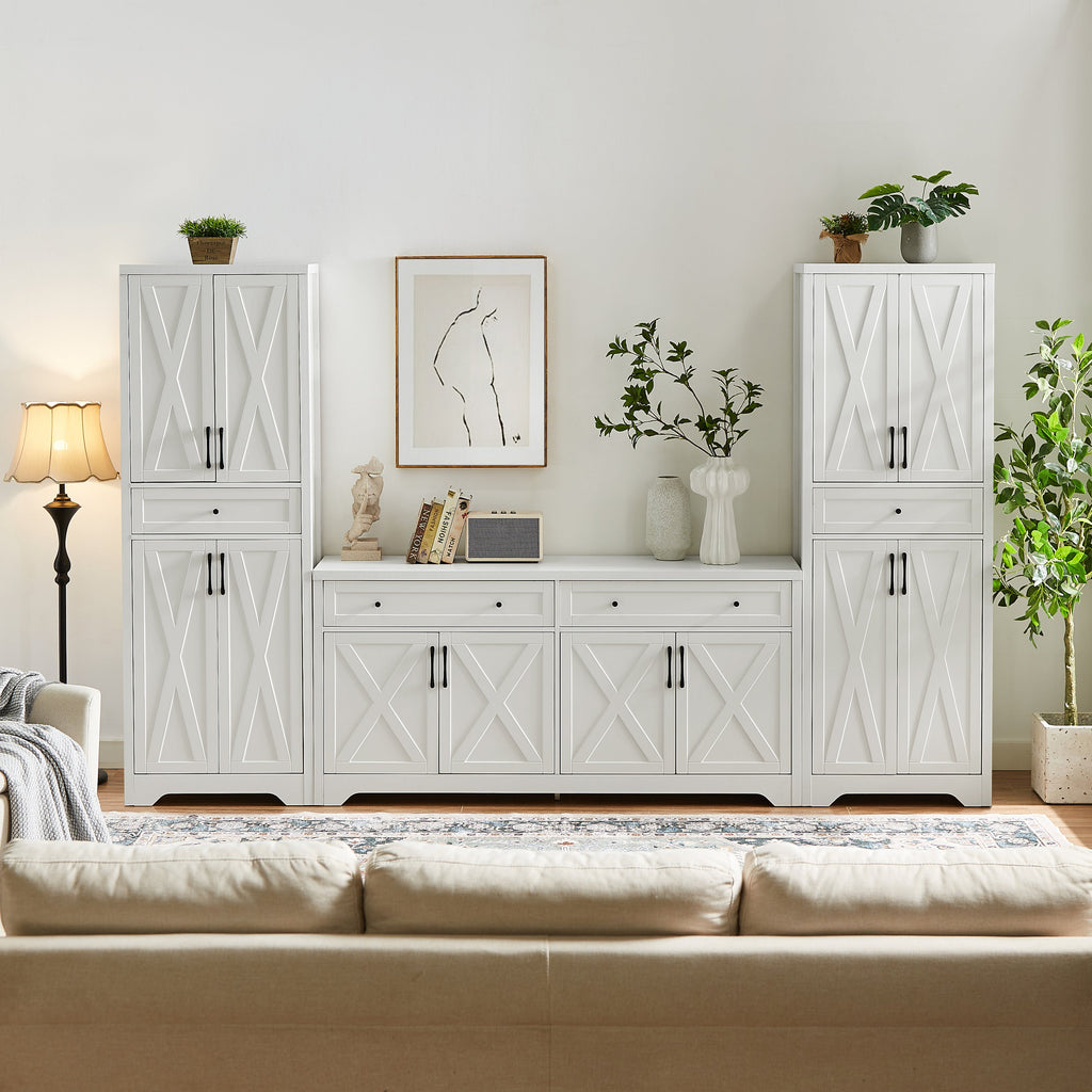 TV Cabinet Set Multifunctional TV Wall, One TV Cabinet and Two Sideboards for Living Room, White,  108.7''L x 15''W x 68''H.