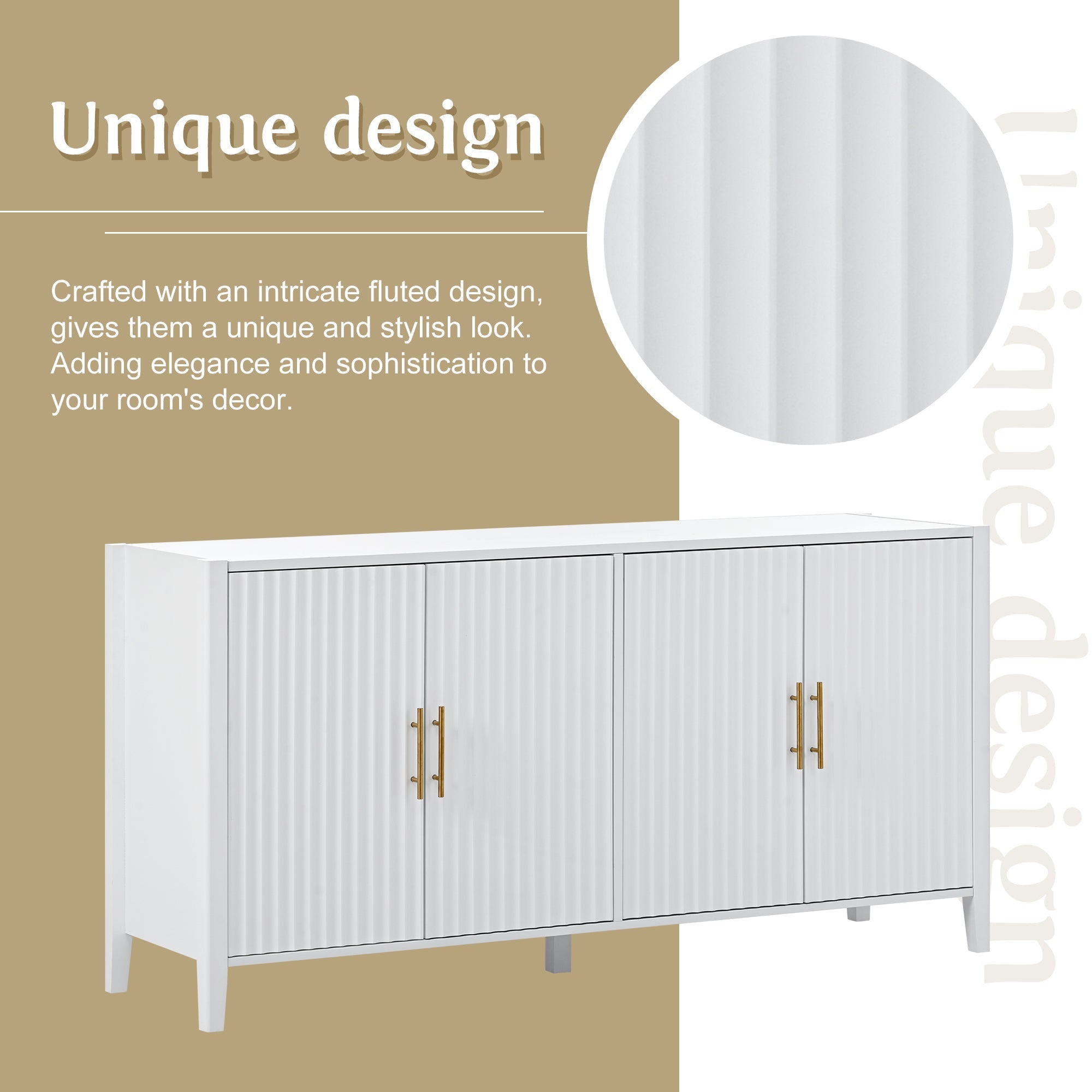 U_Style 63.1''Modern 4-Vertical Wavy Slatted Doors Sideboard,Storage Cabinet With Elegant Design, Solid Wood Legs with Painted,Metal Handles,for Dining Room,Living Room, Kitchen, or Entryway(White)
