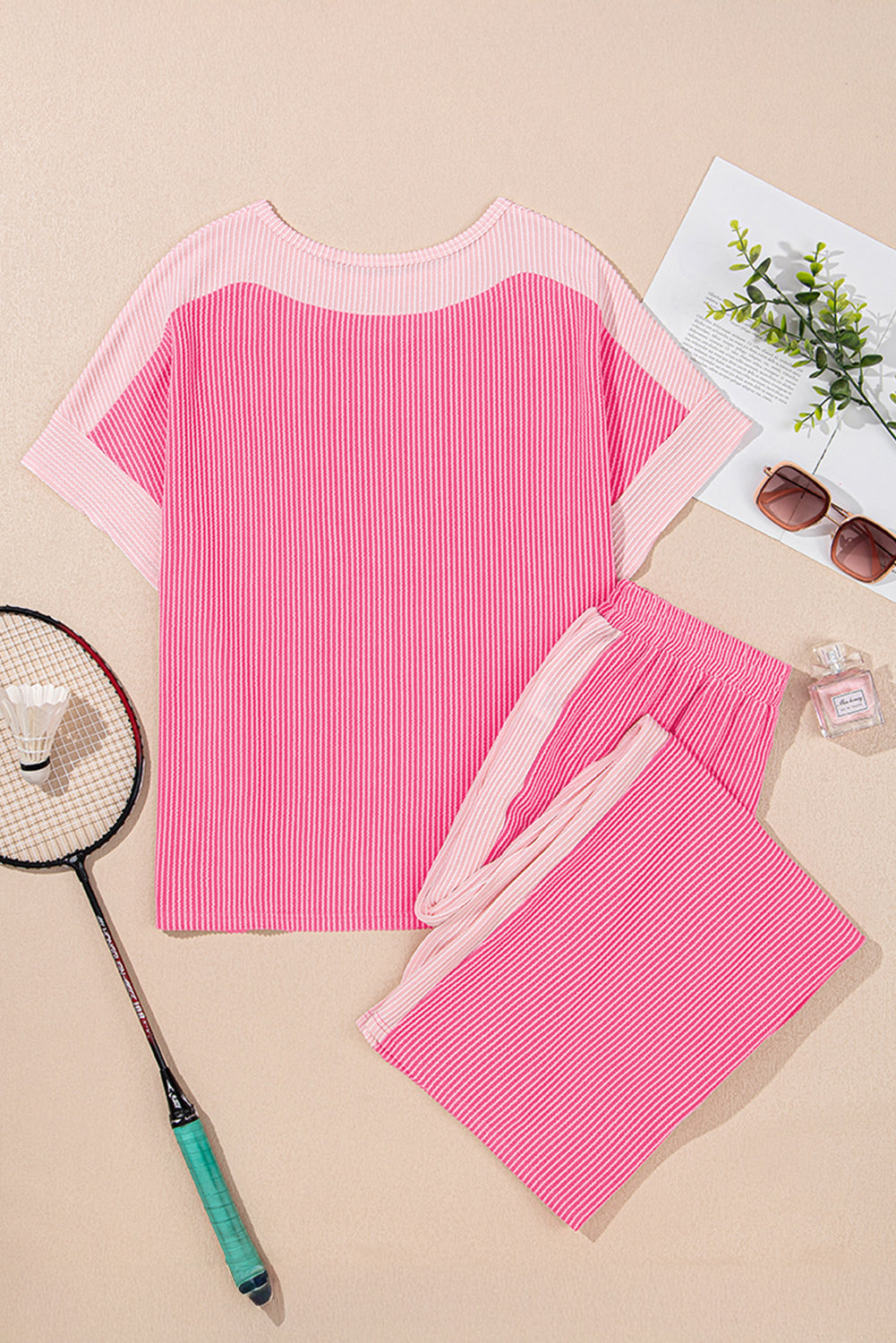 Colorblock Corded Top & High Waist Pants Set