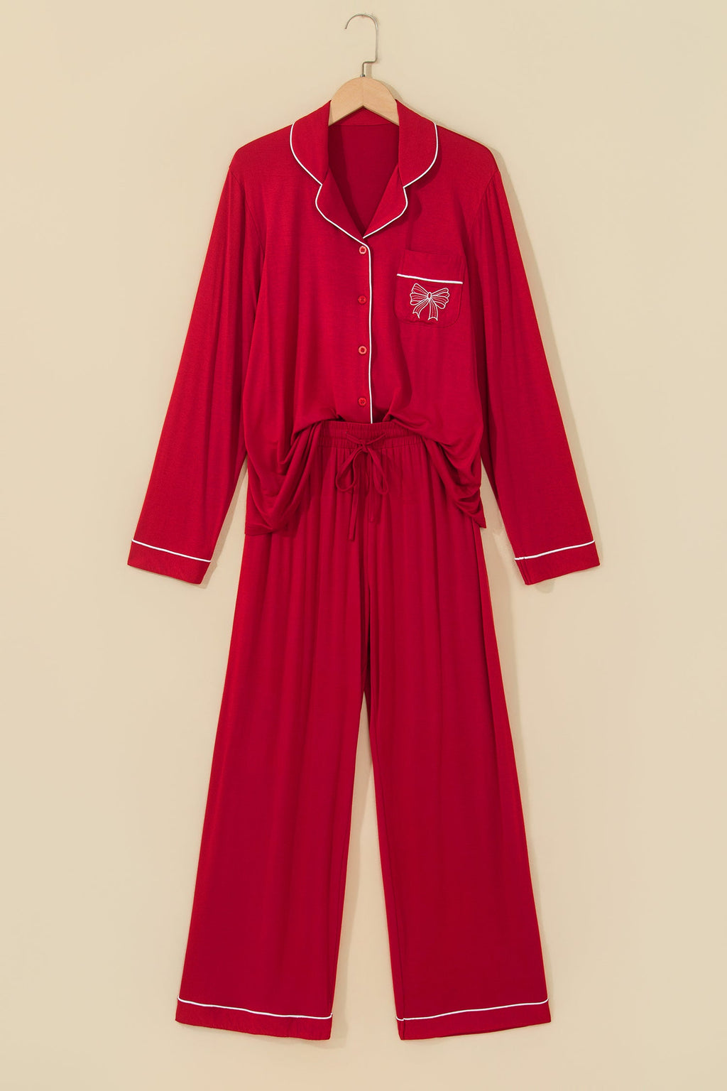 Bow Embroidered Buttoned Shirt & Pants Pajama Set