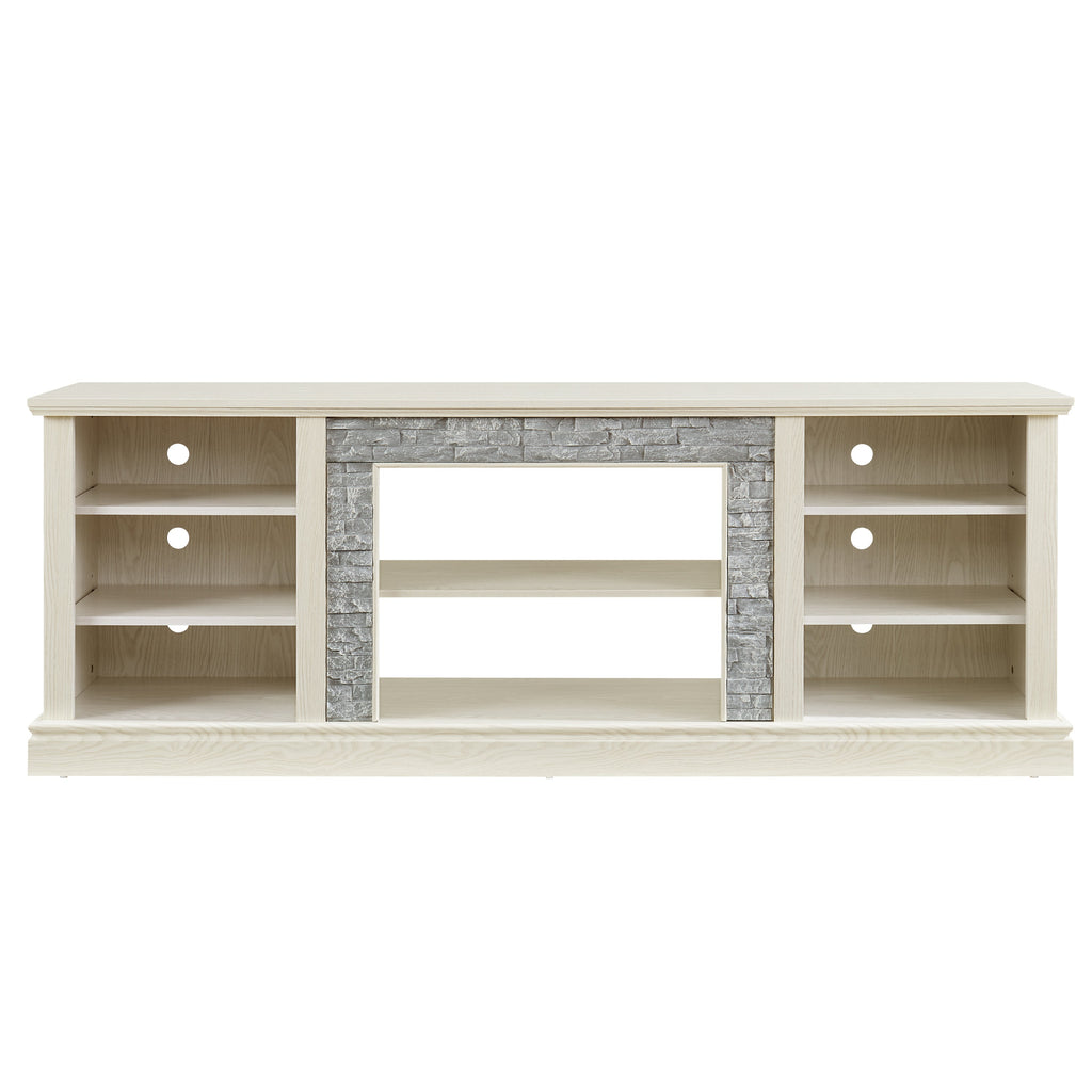 Large TV Desk Storage Rack with Faux Stacked Stone Surround,Media Console Table with Large Storage Cabinet,Modern TV Media Entertaionment Stand,WHITE, 70.12'W*15.35'D*25.83'H