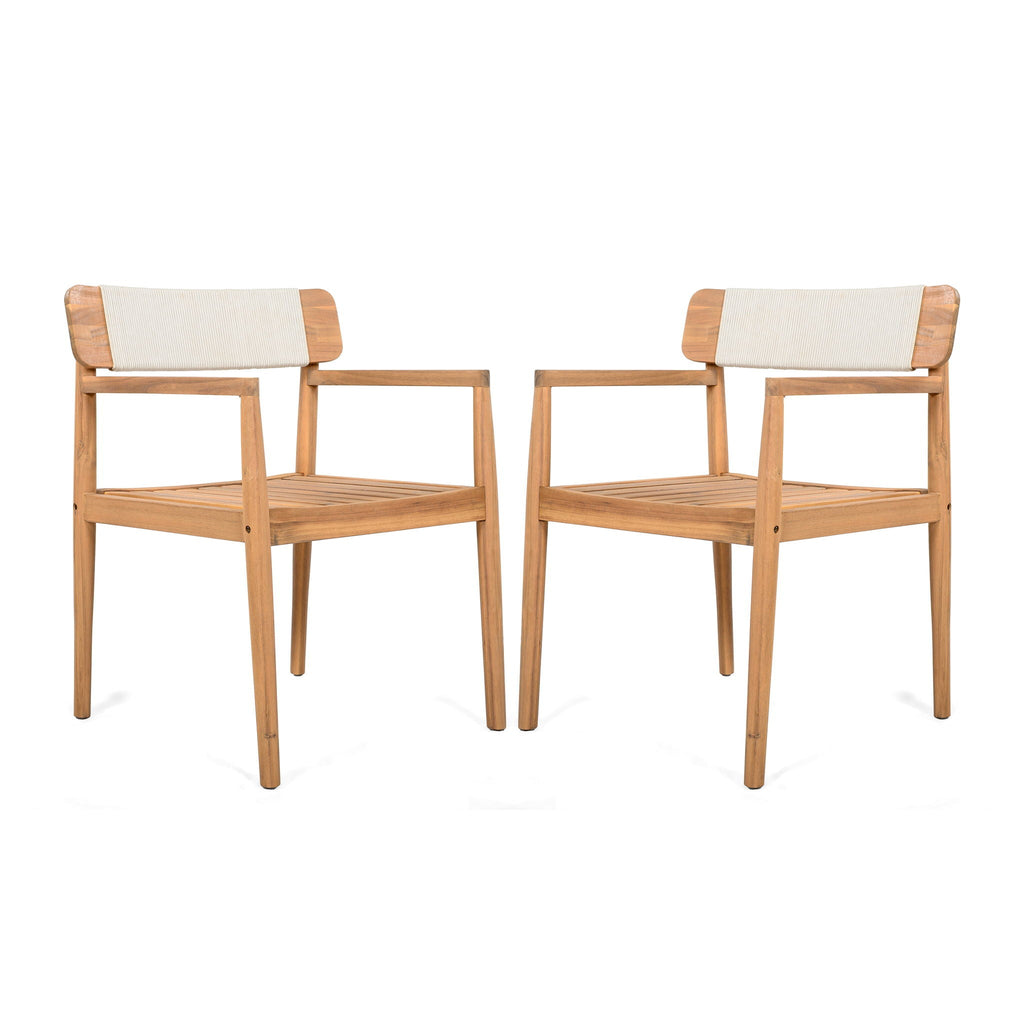 Creative Braided Acacia Wood Outdoor Dining Table And Chairs With Armrests (Set of 2) - Teak / White