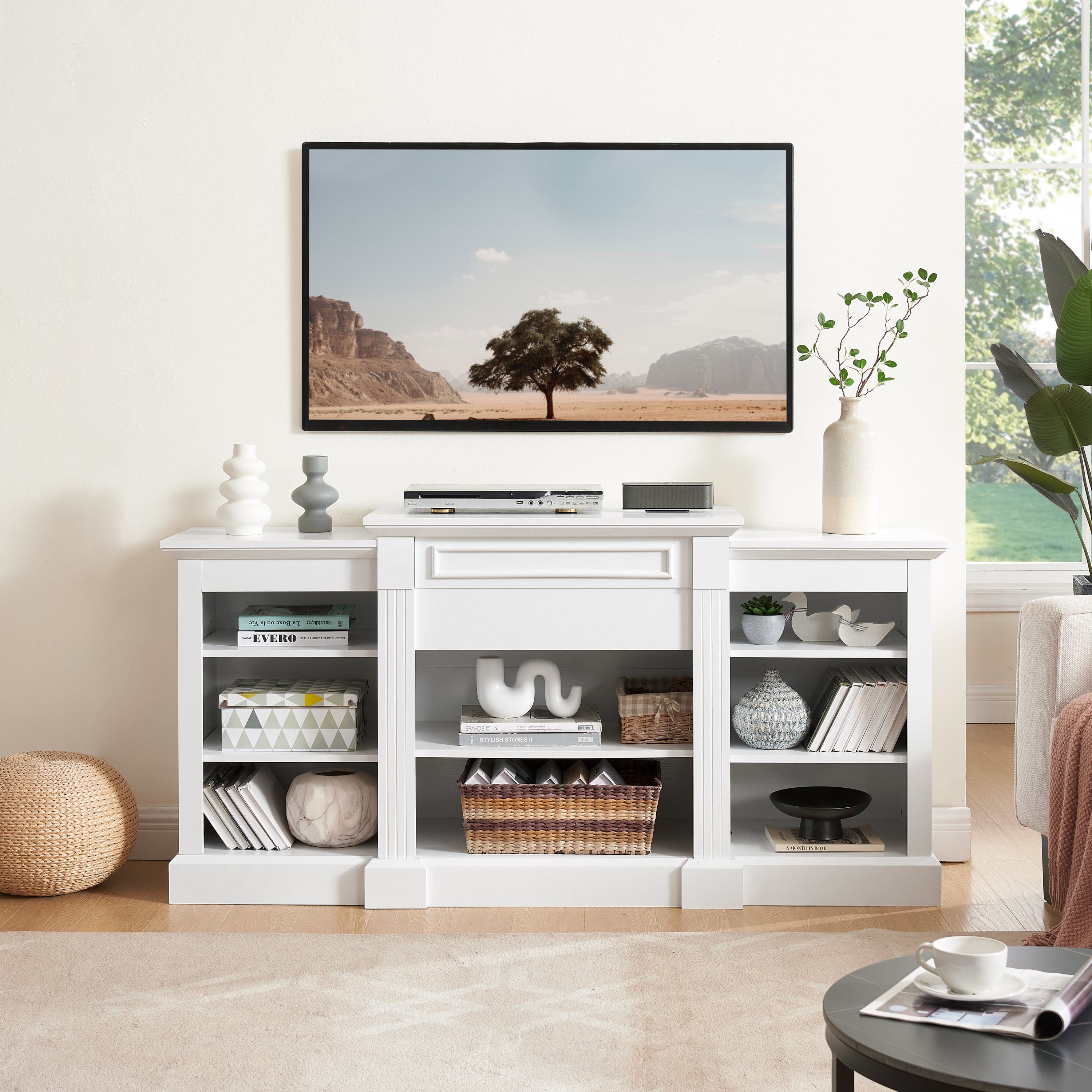 Media Console Table with Large Storage Cabinet, Modern TV Media Entertaionment Stand, White, 65.75'W*17'D*32.48'H