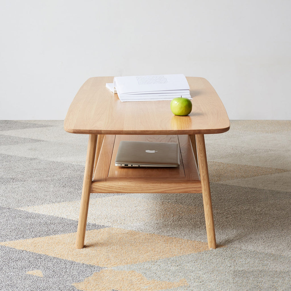 Natural Wood Center Table Low Table with Storage Shelf, Solid Wood Top, Easy to Assemble, 31.5''