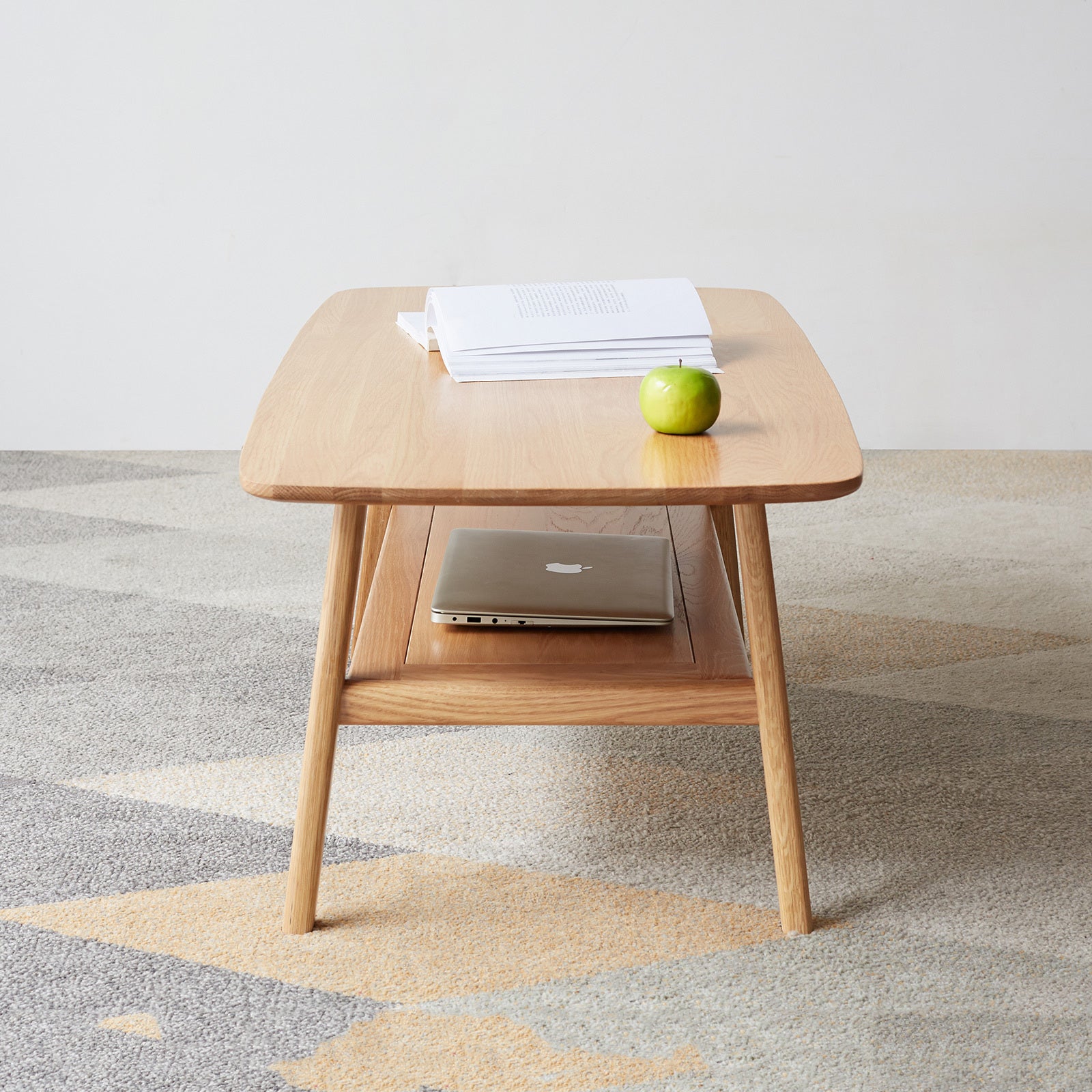 Natural Wood Center Table Low Table with Storage Shelf, Solid Wood Top, Easy to Assemble, 31.5''