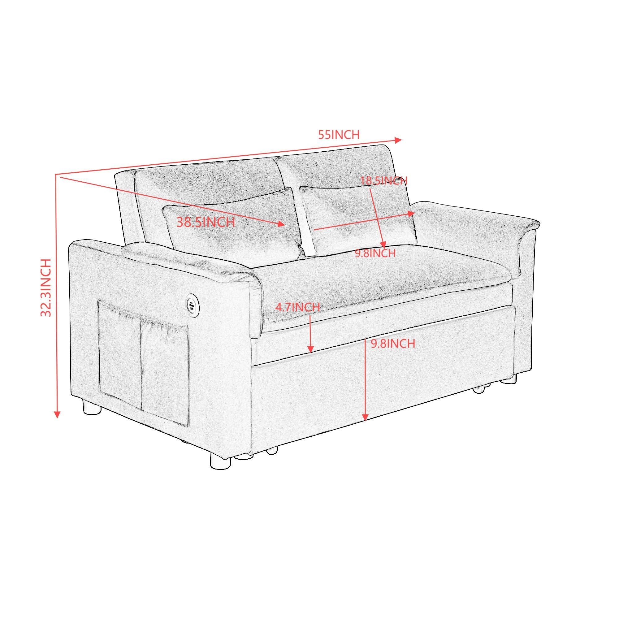 55' Velvet Two Seater Pull Out Sofa Bed, Adjustable Backrest With  USB Ports, Two Side Pockets, 3 in 1 Convertible Sleeper Sofa Bed, Modern Love Seat Lounge,2 waist pillows for living rooms,GREY