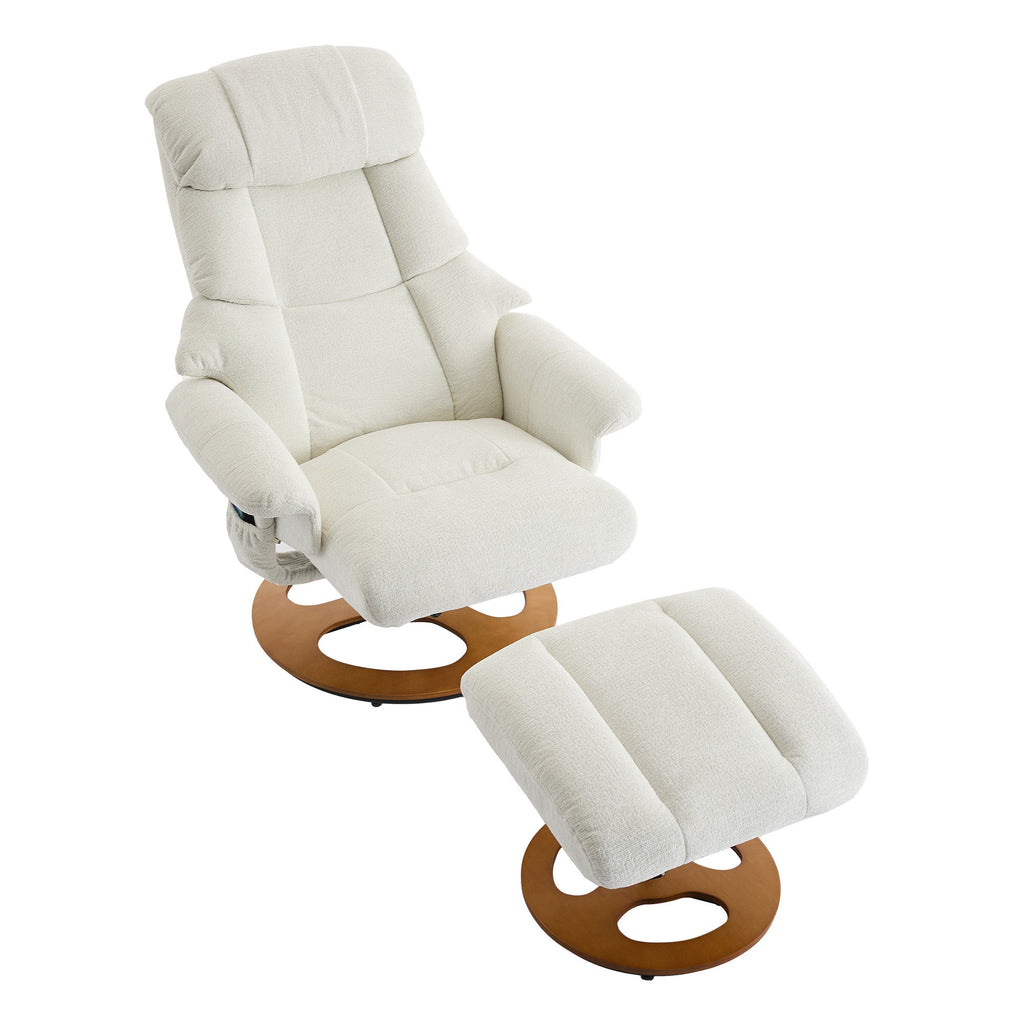 010-Ergonomic Recliner Chair with Ottoman, Modern 360° Swivel Lounge Chair with Footstool, Chenille Fabric, 5 Point Vibration Massage, Seat Heating & 140° Adjustable Backrest for Home or Office, White