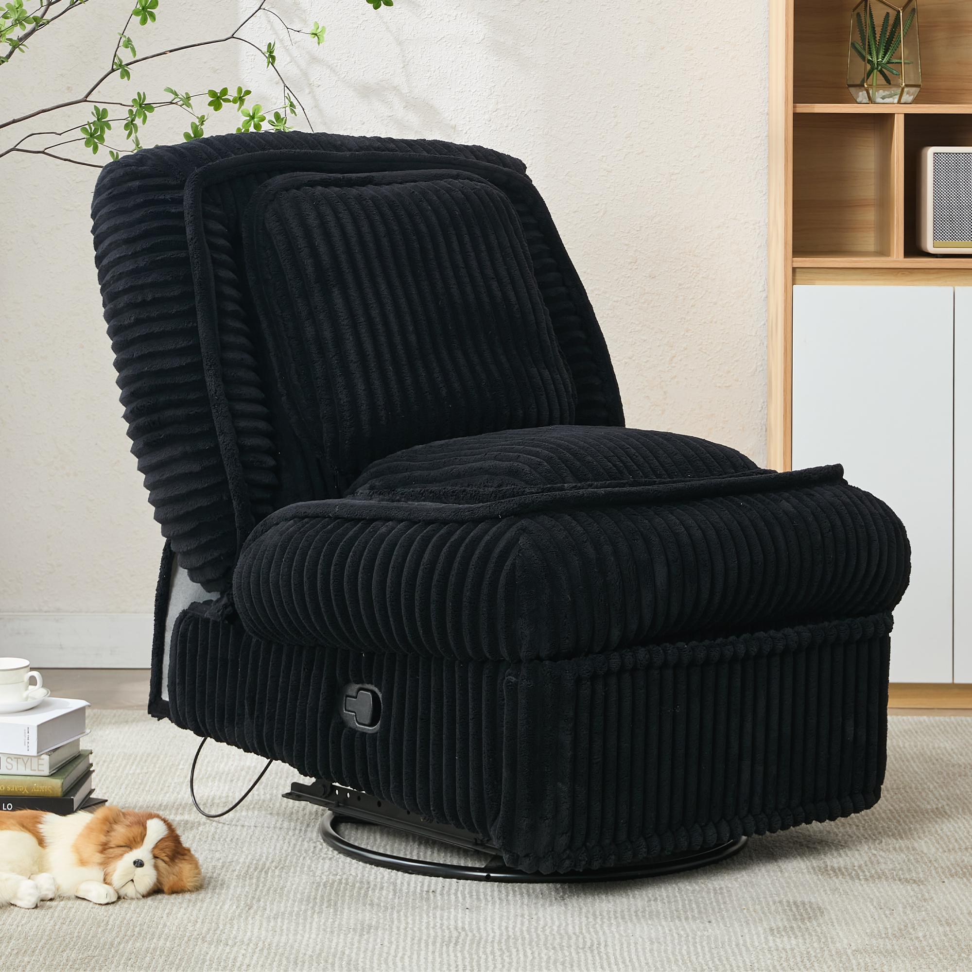[NEW ARRIVED] 360° Swivel Rocking Single Sofa,Recliner Sofa, Manual Glider Rocking Armless Chair,Living Room Office, With Adjustable Backrest and Footrest and pillows, Small Spaces,Corduroy , Black