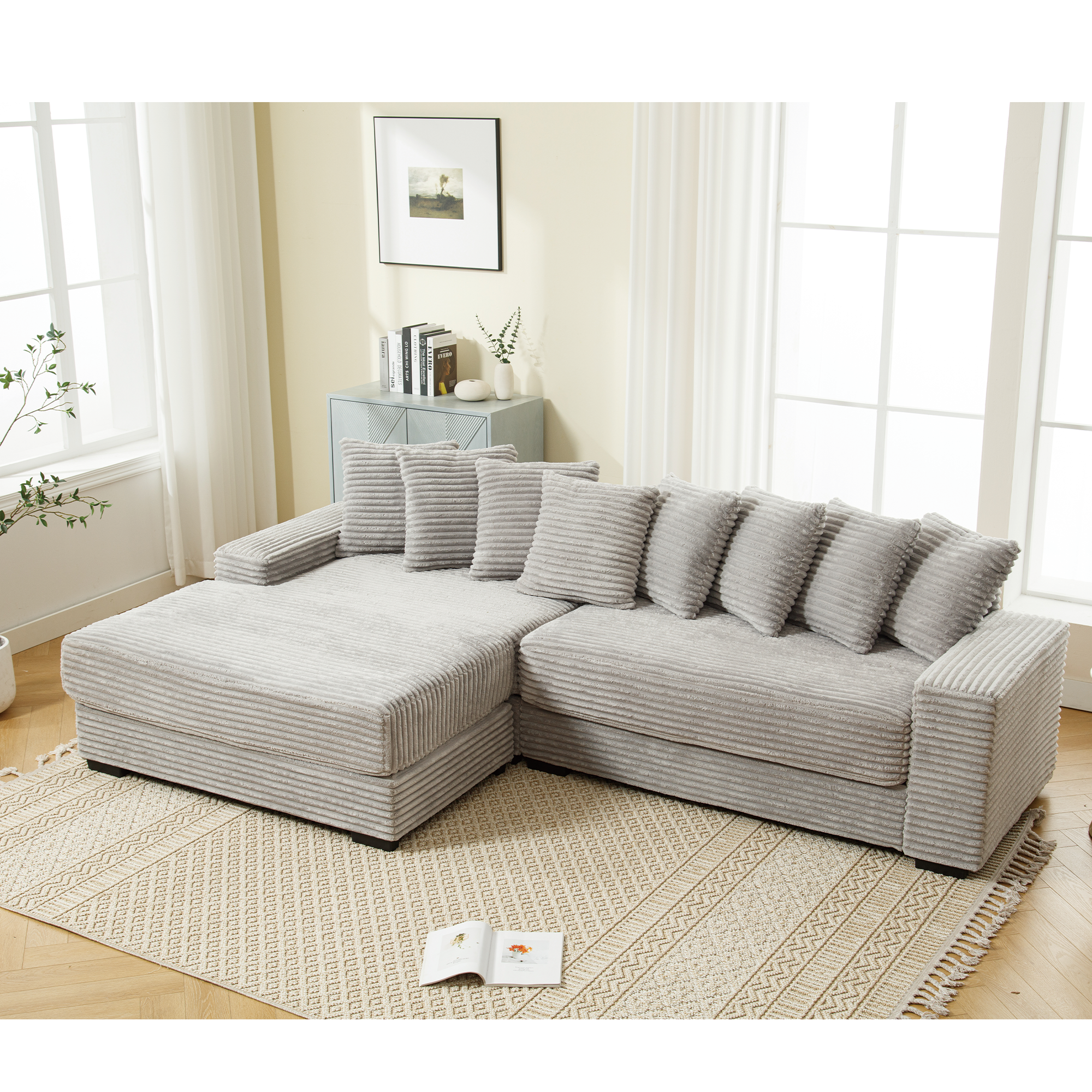 [NEW ARRIVED] [VIDEO PROVIDED] Oversized Two-Piece  Couches,  L Shaped Sofa, Corduroy, Left Chaise Daybed,with Armrests,Eight Throw Pillows,Corner Sofa,Easy To Assemble,  Gray