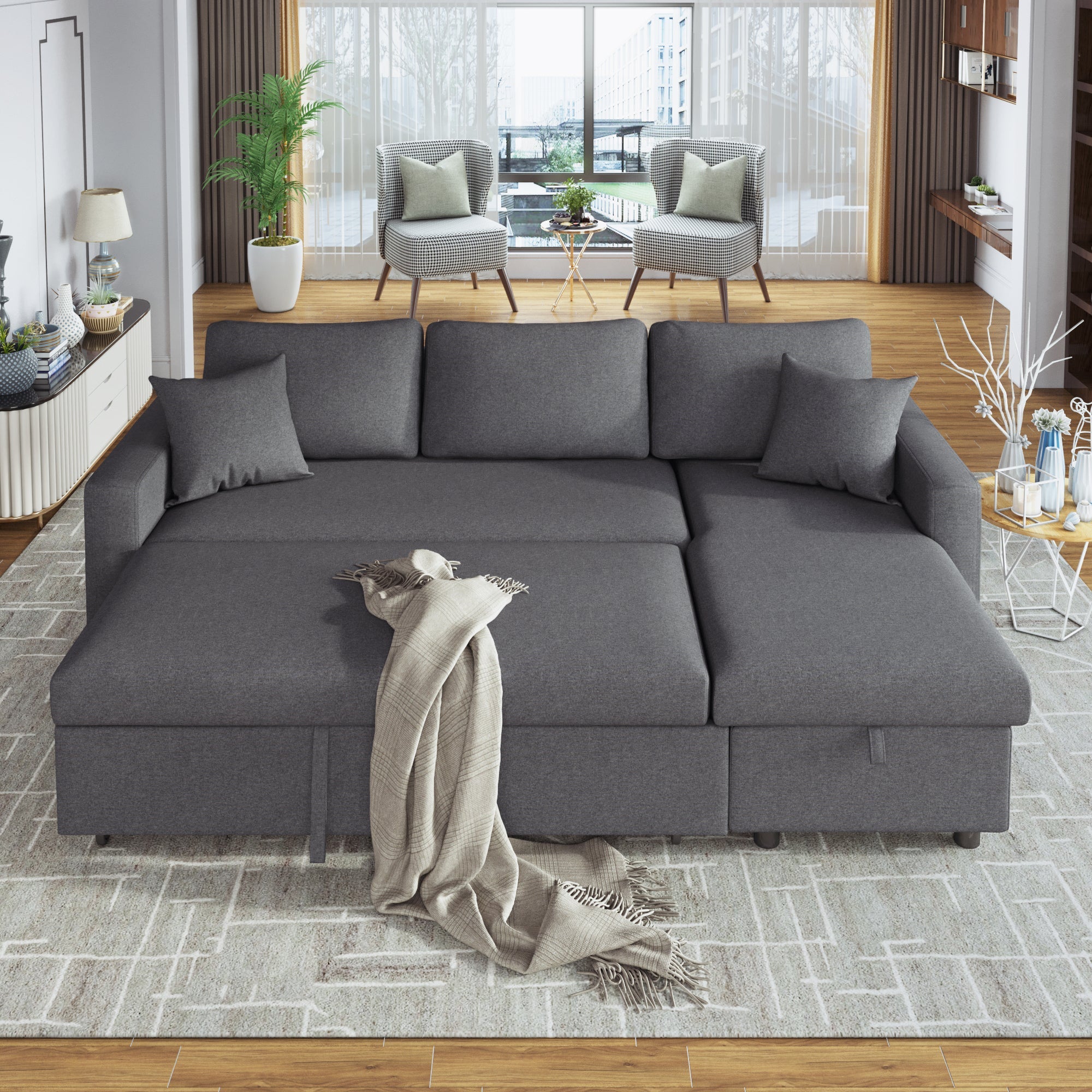 U_STYLE 87.44' Upholstery Sleeper Sectional Sofa Grey with Storage Space, 2 Tossing Cushions