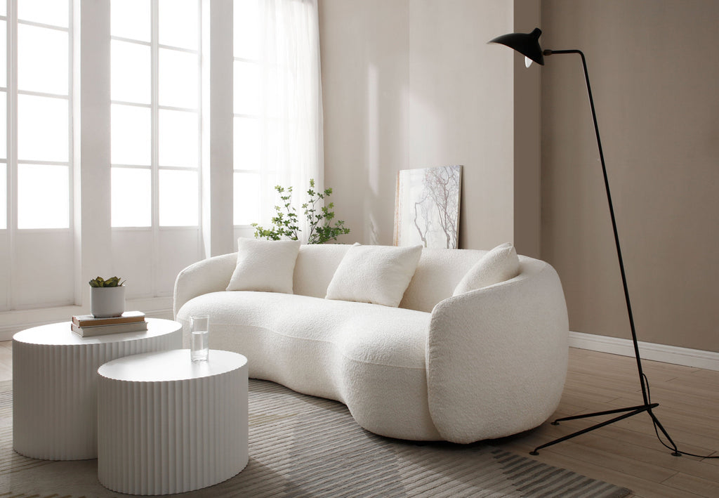 Mid Century Modern Curved Living Room Sofa, 4-Seat Boucle Fabric Couch for Bedroom, Office, Apartment, off white(beige and white)