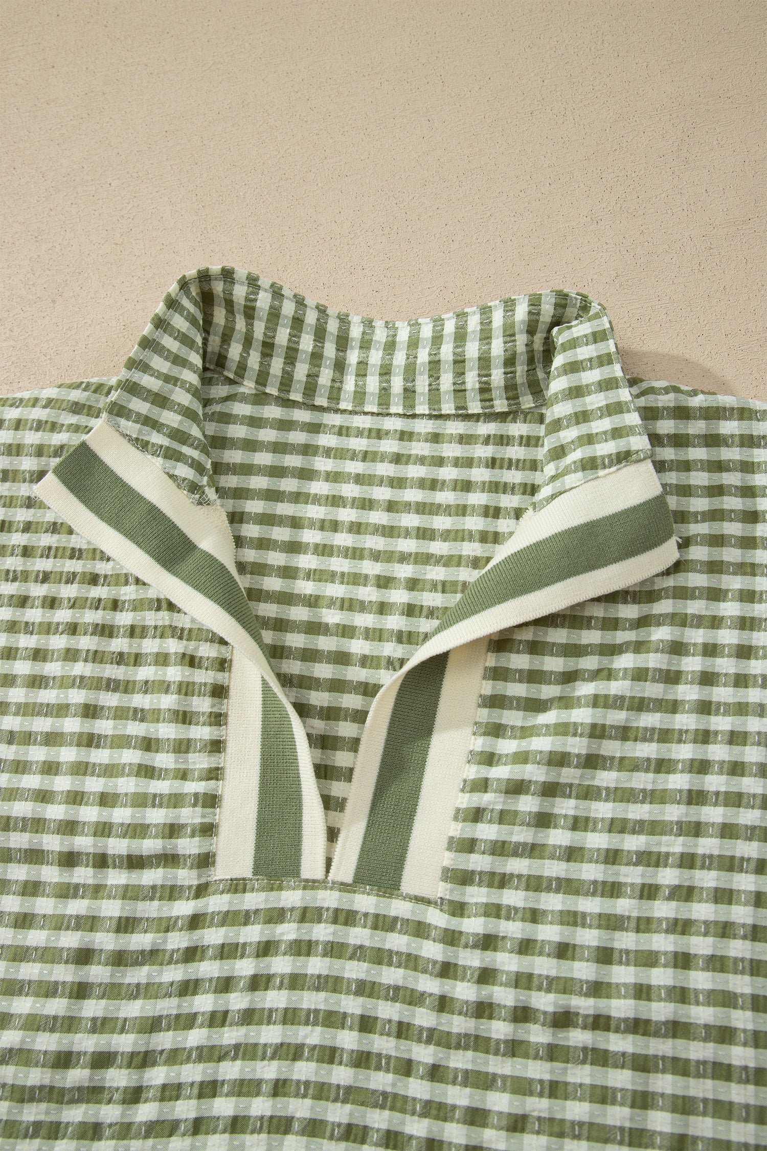Gingham Plaid Colorblock Trim Split Neck Blouse
