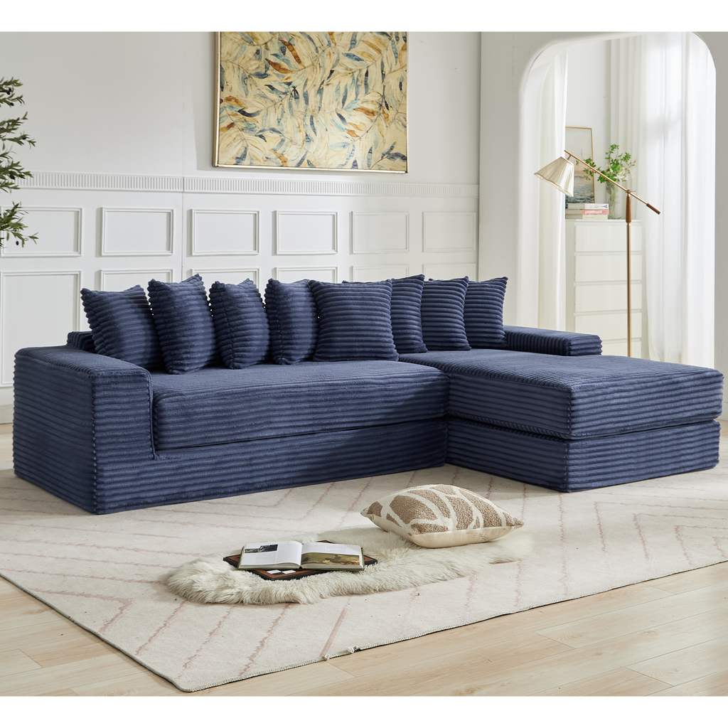 [NEW ARRIVED] [VIDEO PROVIDED] Oversize Cloud Sectional Couch, L-Shape Sofa, Convertible Floor Sleeper Sofa Bed, No Assembly ,Eight pillows,3-in-1,Magazine bag,(Right Facing Sofa),3 Seat,Corduroy,Blue