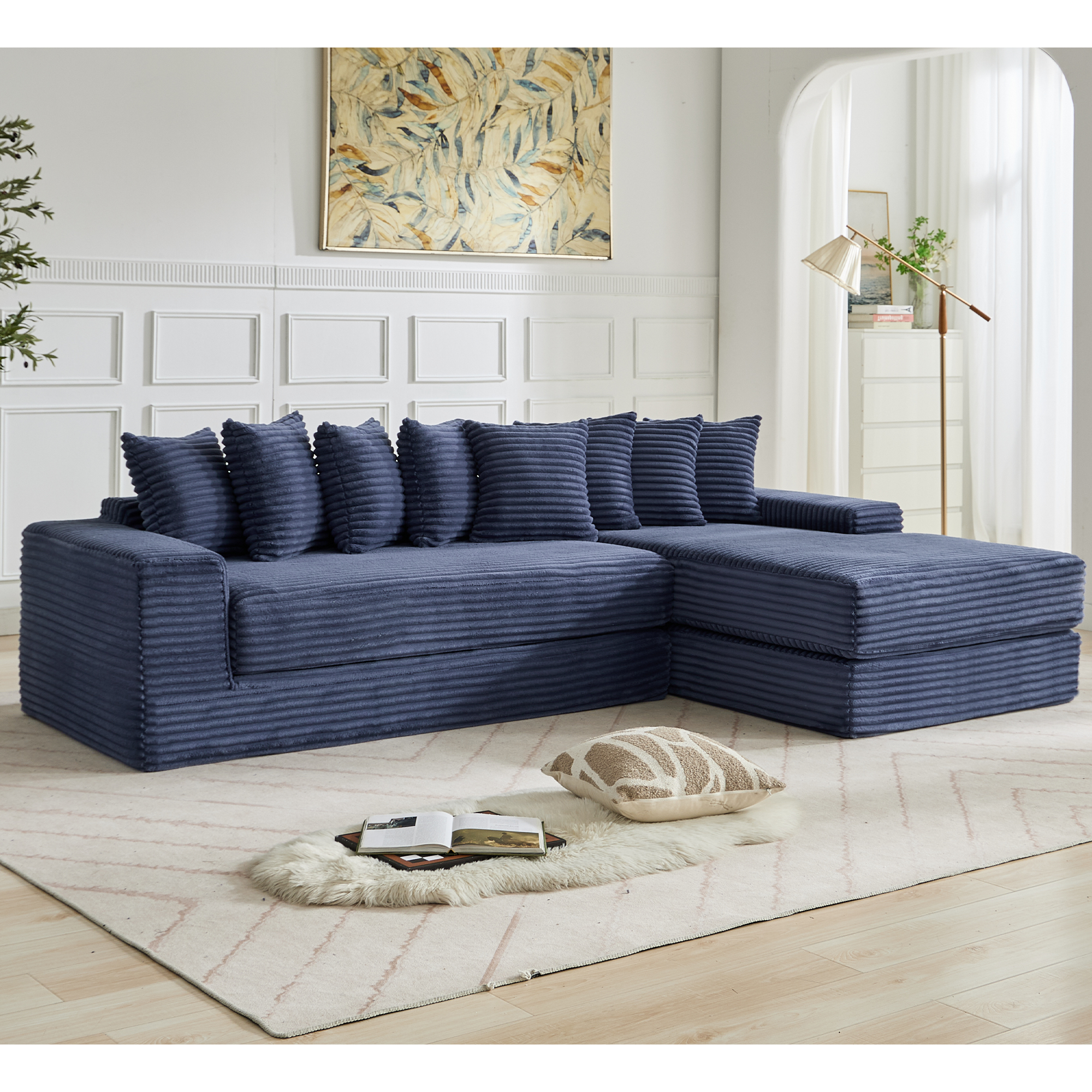 [NEW ARRIVED] [VIDEO PROVIDED] Oversize Cloud Sectional Couch, L-Shape Sofa, Convertible Floor Sleeper Sofa Bed, No Assembly ,Eight pillows,3-in-1,Magazine bag,(Right Facing Sofa),3 Seat,Corduroy,Blue