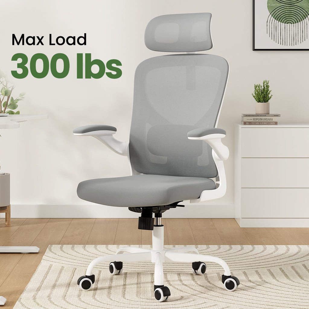 Ergonomic Office Chair, Home Office Desk Chair with Headrest, High Back Computer Chair with Armrests and Adjustable Lumbar Support for Home Office Study Room, White & Gray