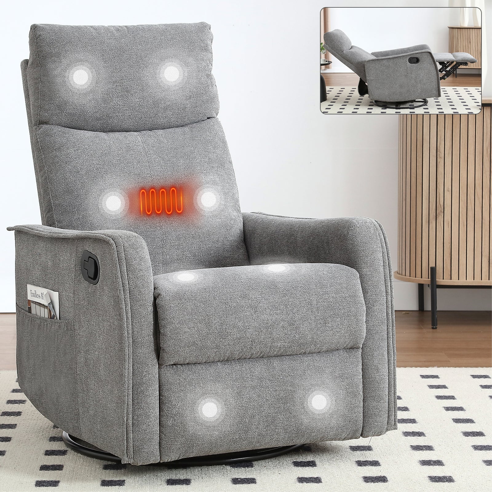 Heat Massage Manual Recliner Chair with Rocker and Swivel in Fabric for Living Room, Grey
