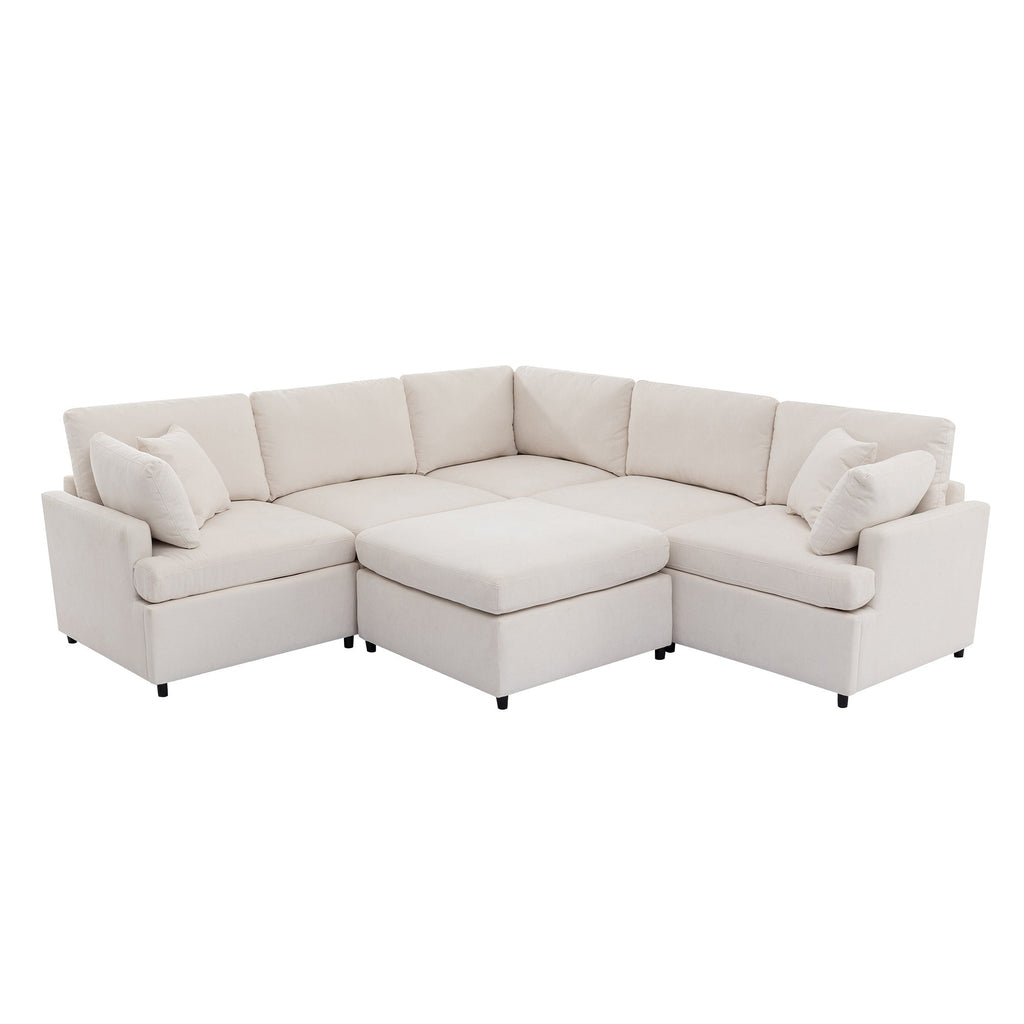 [ Video Provided]U_STYLE Upholstered Sectional Sofa with Removable Ottoman,U-Shape 6 Seat Sectional Couch,  for Living Room,,Apartment, Spacious Space