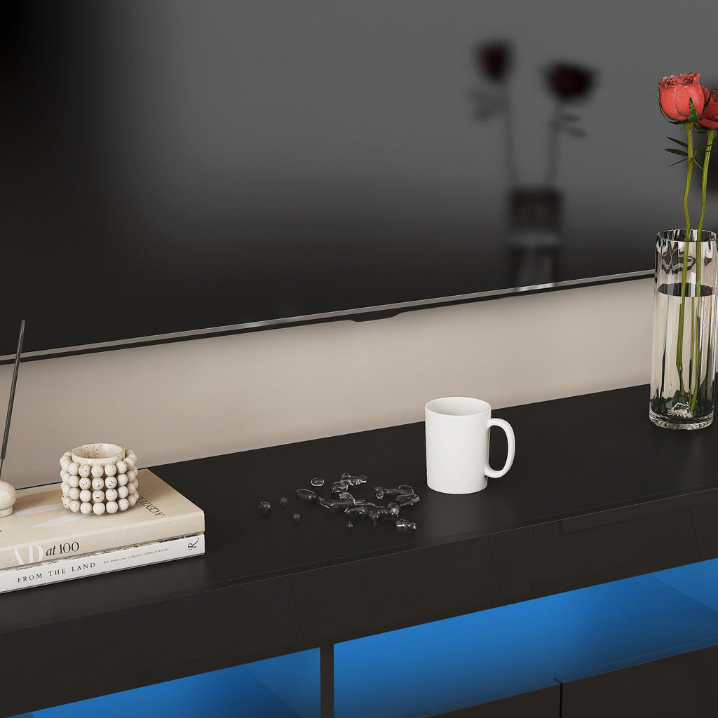 High gloss TV Stand with LED Lights for TVs up to 65'', Modern TV Console with Storage Cabinets for Living Room,Black