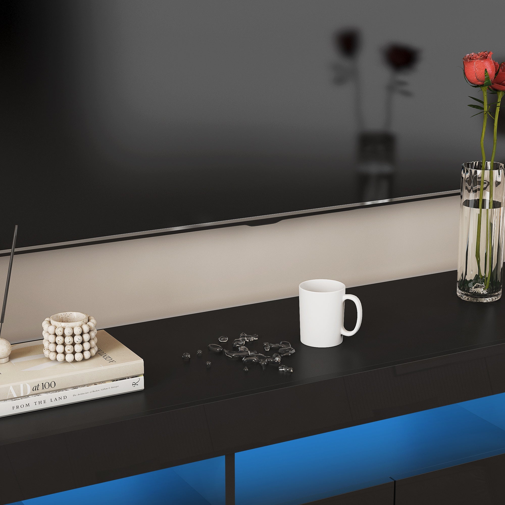 High gloss TV Stand with LED Lights for TVs up to 65'', Modern TV Console with Storage Cabinets for Living Room,Black