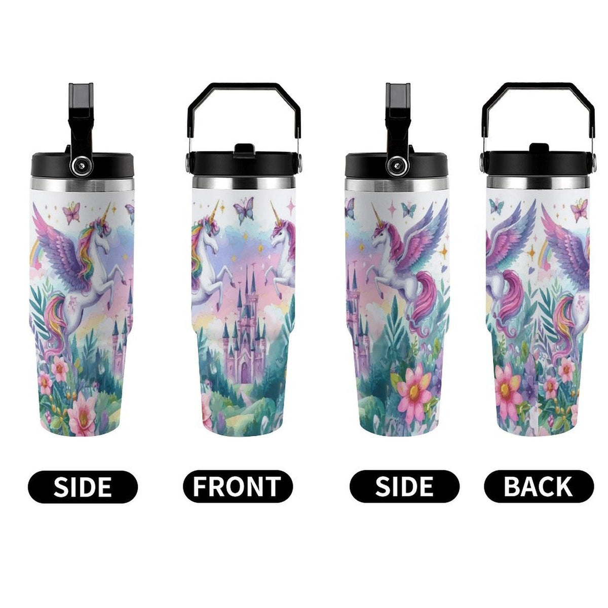 Purple Unicorn and Castle 30 oz Water Bottle Tumbler