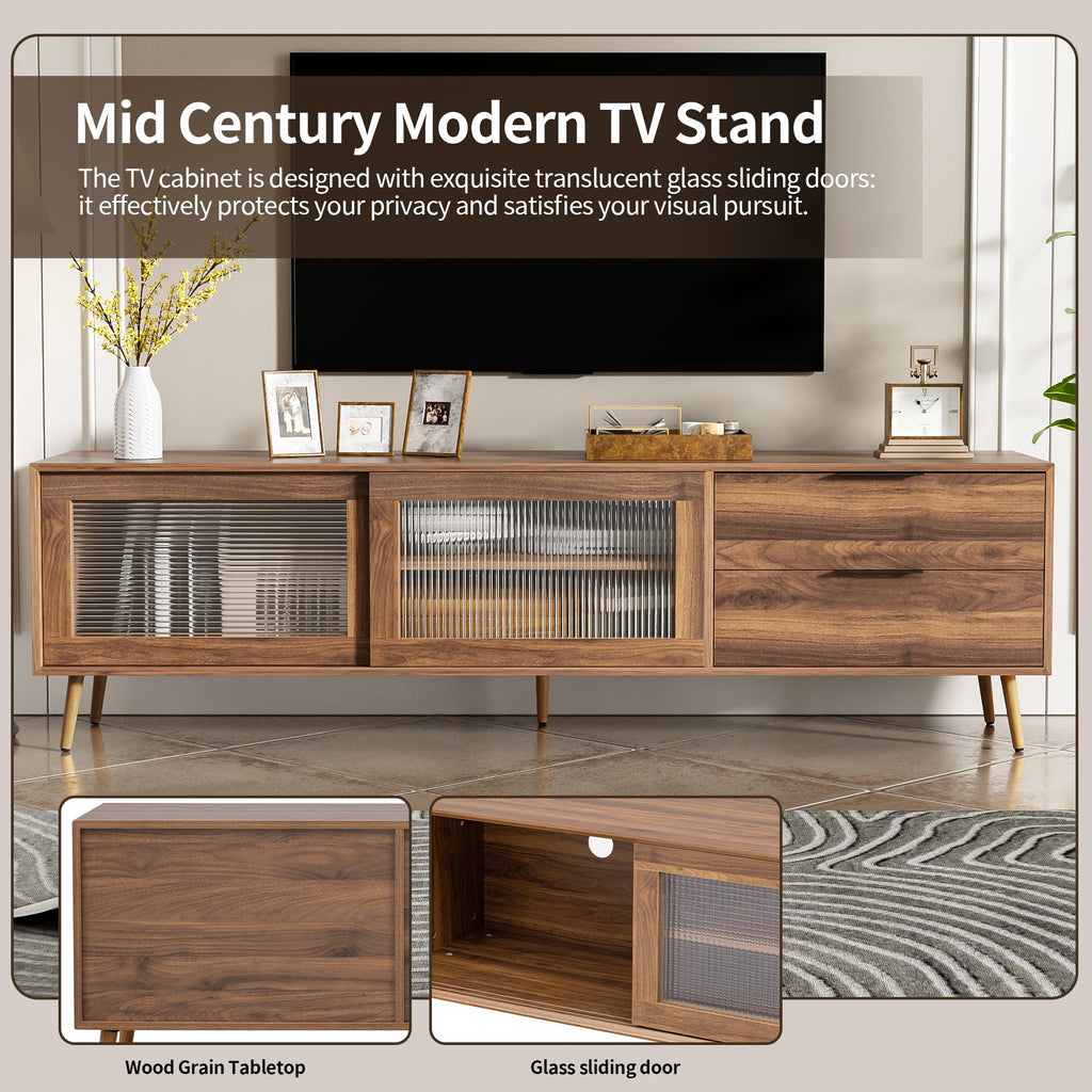 Modern TV Stand for 75'+ TV, TV Console with 2 Glass Doors, Entertainment Center with 2 Drawers & Storage Cabinet, 70' Media Console Table for Living Room, Bedroom