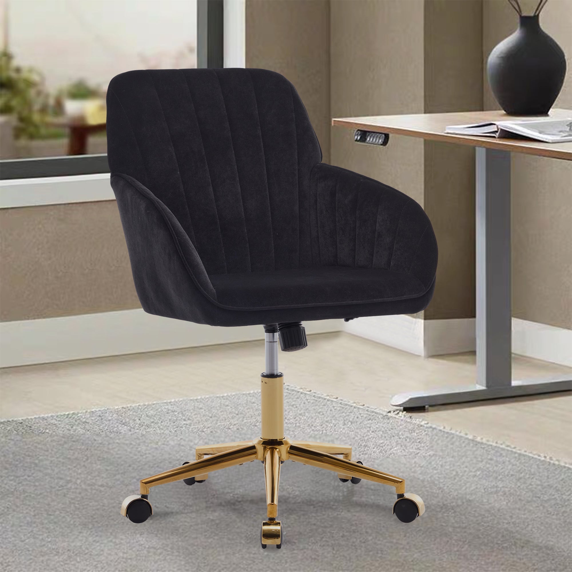 TY Adjustable Office Chair, Ergonomic Swivel Chair, Black Velvet, Comfortable for Long Sitting